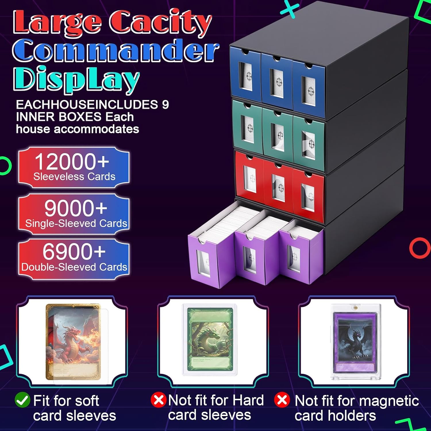 12 Drawer Trading Card Storage Box Includes 9-600 CT Boxes Trading Card Organizer Collection Box Fit for TCG, Sport Games (Black)