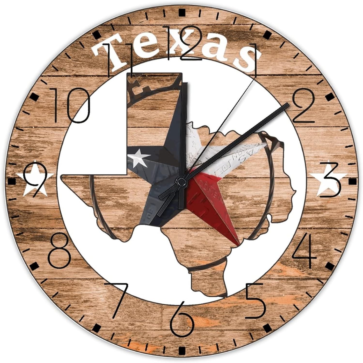 Silent Wall Clock Analog Round Non-Ticking Texas Lone Star Home Map Frameless Wall Clocks Western Country Barn Star Home Decor for Restaurant Patio Conference Room 12 Inch