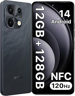 – UMIDIGI Note 100 Mobile Phones, Android 14 Phone, 12(6+6) GB +128GB/1TB Smart Phone, 6.8"+ 120Hz, 50MP, 4G Dual SIM Free Unlocked Mobile Phones, 5000mAh, NFC/FaceID/Fingerprint,USB-C Cable Only, Black