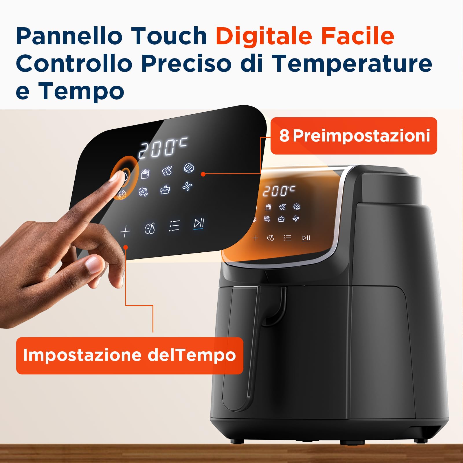 Midea Friggitrice Ad Aria 4L con LED Touchscreen, 35–200 °C Air Fryer, 8 Funzioni di cottura, Lavabile in Lavastoviglie, 41 Ricette, Cuocere, Grigliare, Scongelare, Agitare Allarme, 1500W