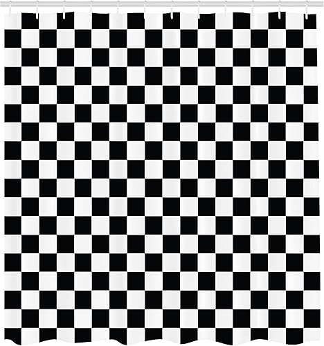 Miniatura 2 de Ambesonne Cortina de ducha con diseño de cuadros monocromáticos con diseño tradicional de tablero de juego, juego de decoración de baño de tela con