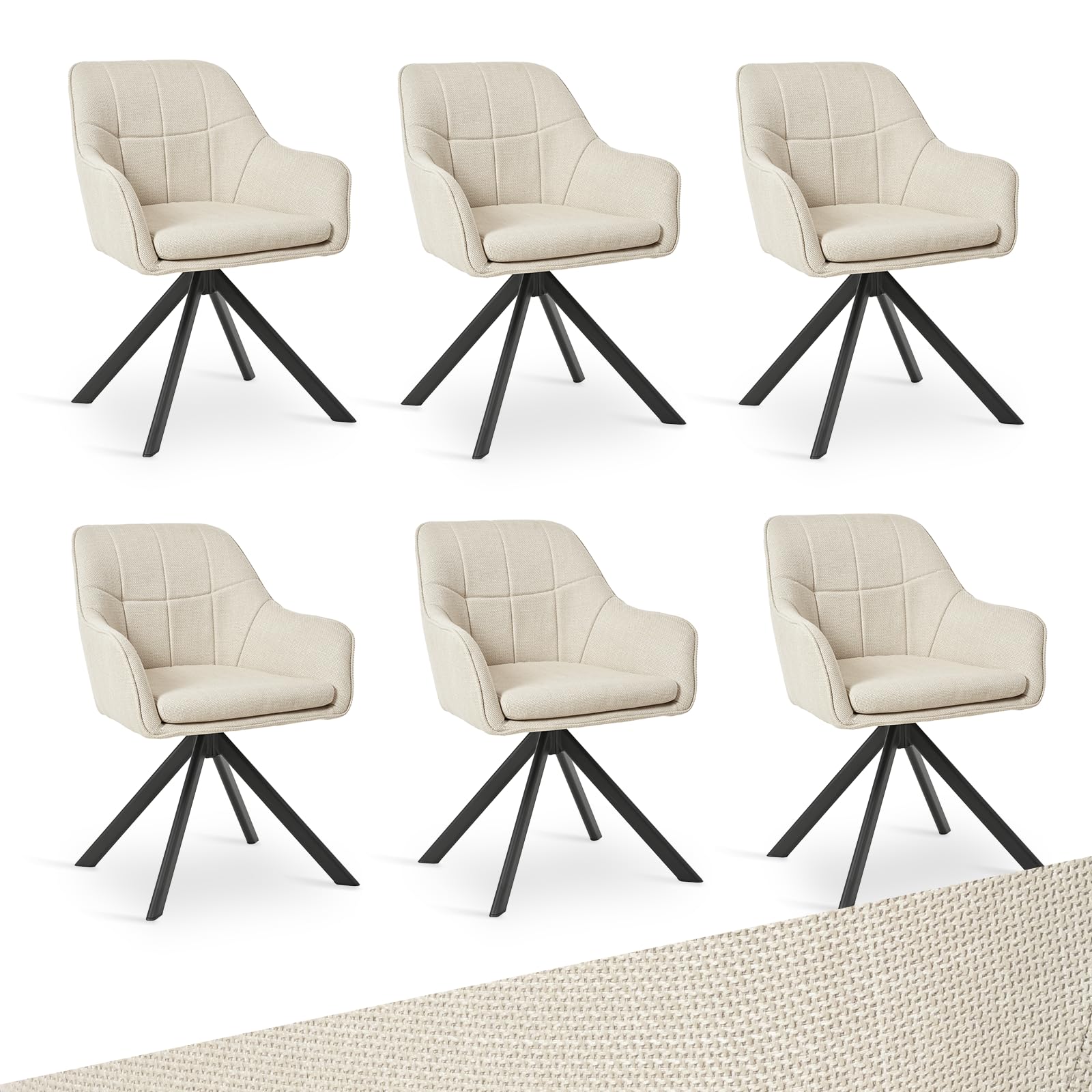 Lot de 6 Chaises Pivotantes 360° en Lin Beige avec Accoudoirs, Chaises de Salle à Manger, Cuisine, Fauteuils avec Pieds en Métal, pour Bureau ou Salon