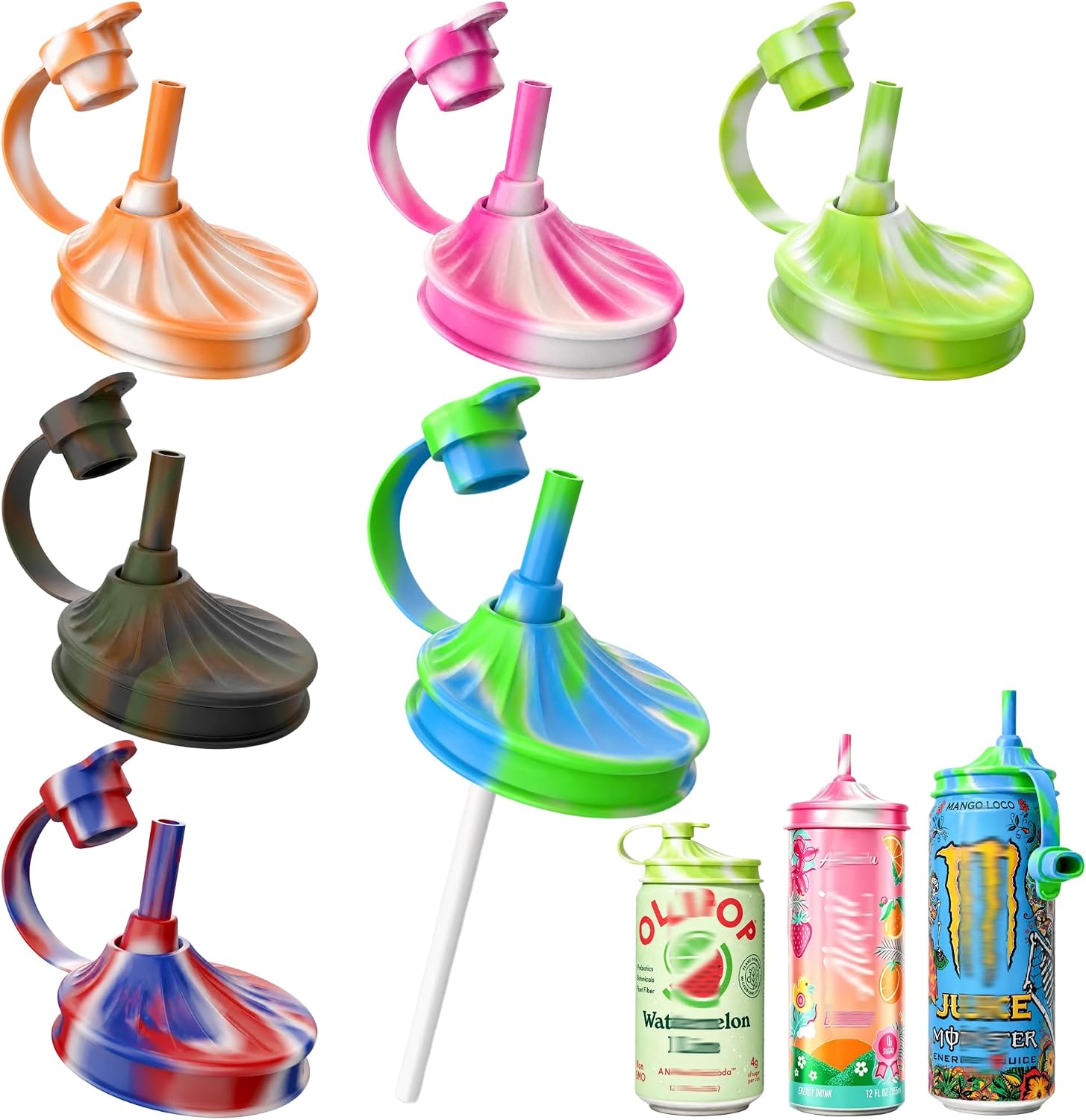 DIPESI 6 Pack Silicone Soda Can Lids with Straws, Fits Standard Cans
