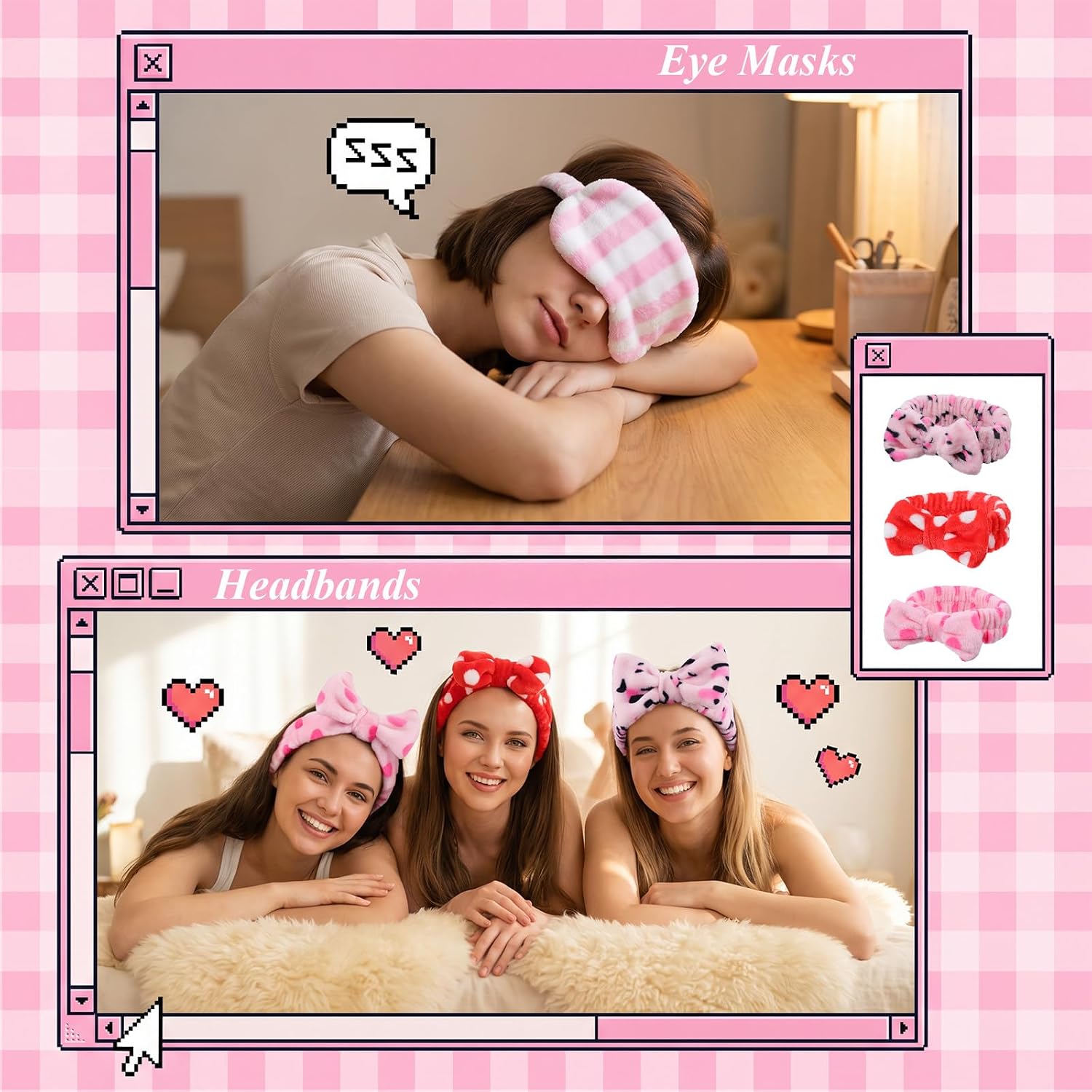 Sleepover Party Favors for Woman Plush Sleep Eye Mask Soft Spa Headband Gift for Spa Birthday Bachelorette Slumber Wedding Graduation Party Supplies, Pink Series image 5