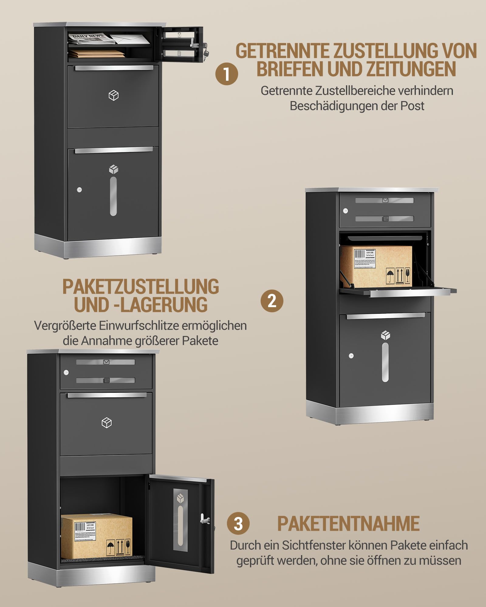 Hzuaneri Paketbox, Paketbriefkasten XXL mit Paketfach, Schwarz | Sichtfenster, Stahl, Abschließbar, Standbriefkasten für Pakete und Briefe, Wetterfester, 2 Schlüssel, MB10199GR
