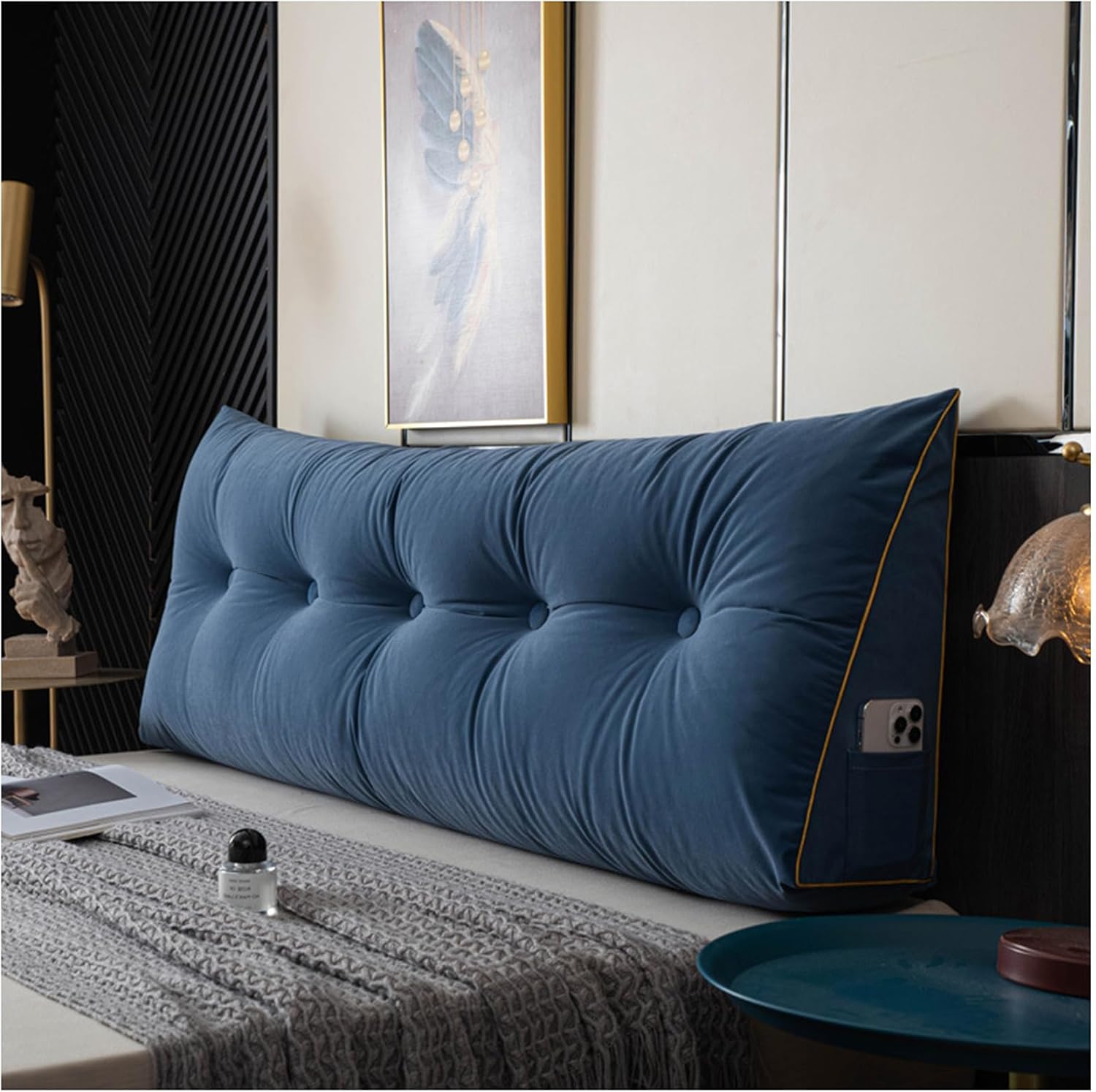 Large Triangular Bed Rest, Headboard Bolster Pillow, Wedge Pillow Headboard Soft and Supportive Reading Pillows, Washable Reading Headboard Pillows with Removable Cover,Blue,60cm