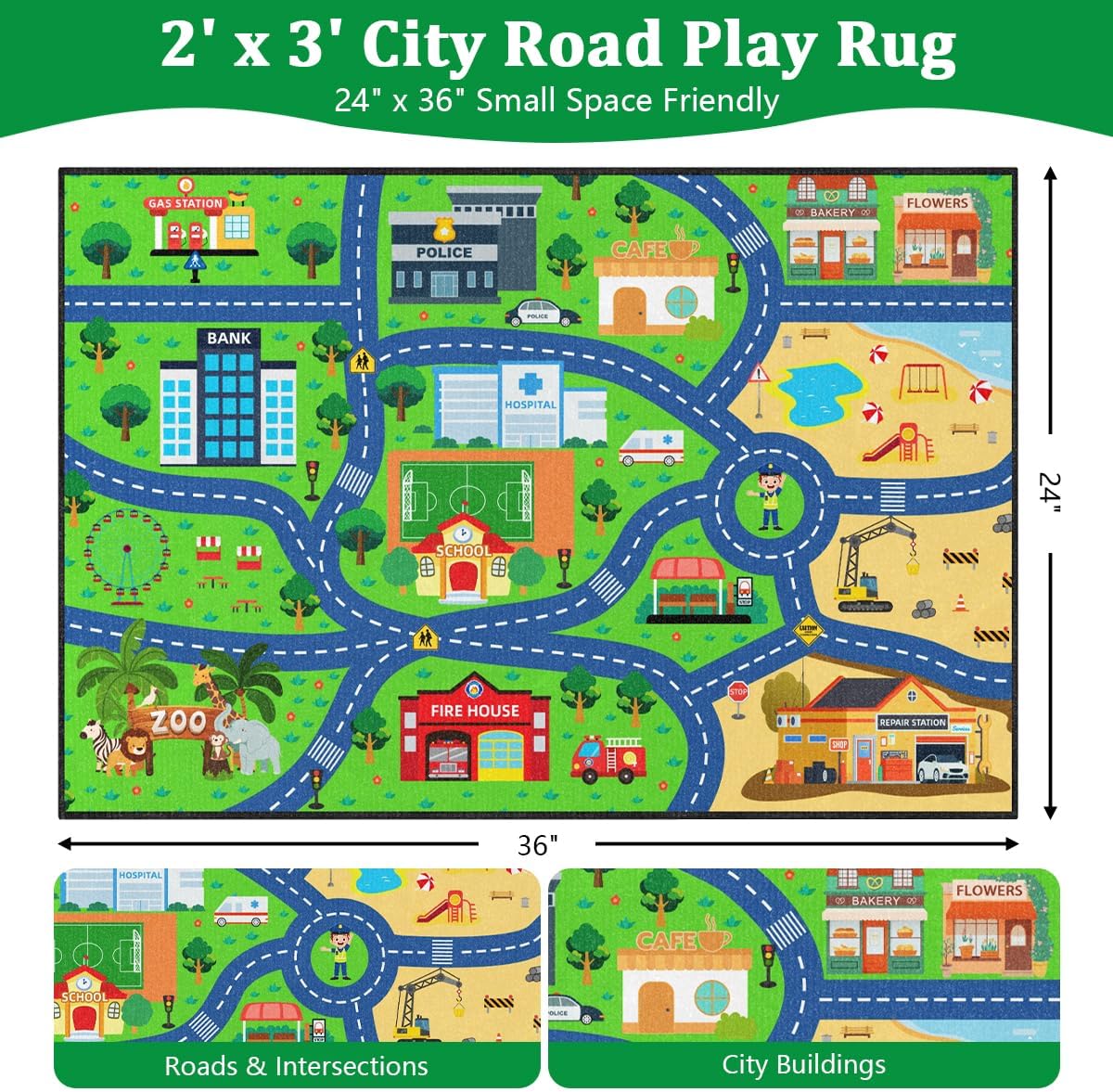 Road Rug for Kids 2×3 Ft - Interactive City Car Track Play Mat, Smooth Low-Pile Carpet with TPR Non-Slip Backing, Educational Traffic Play Rug for Playroom Classroom Nursery