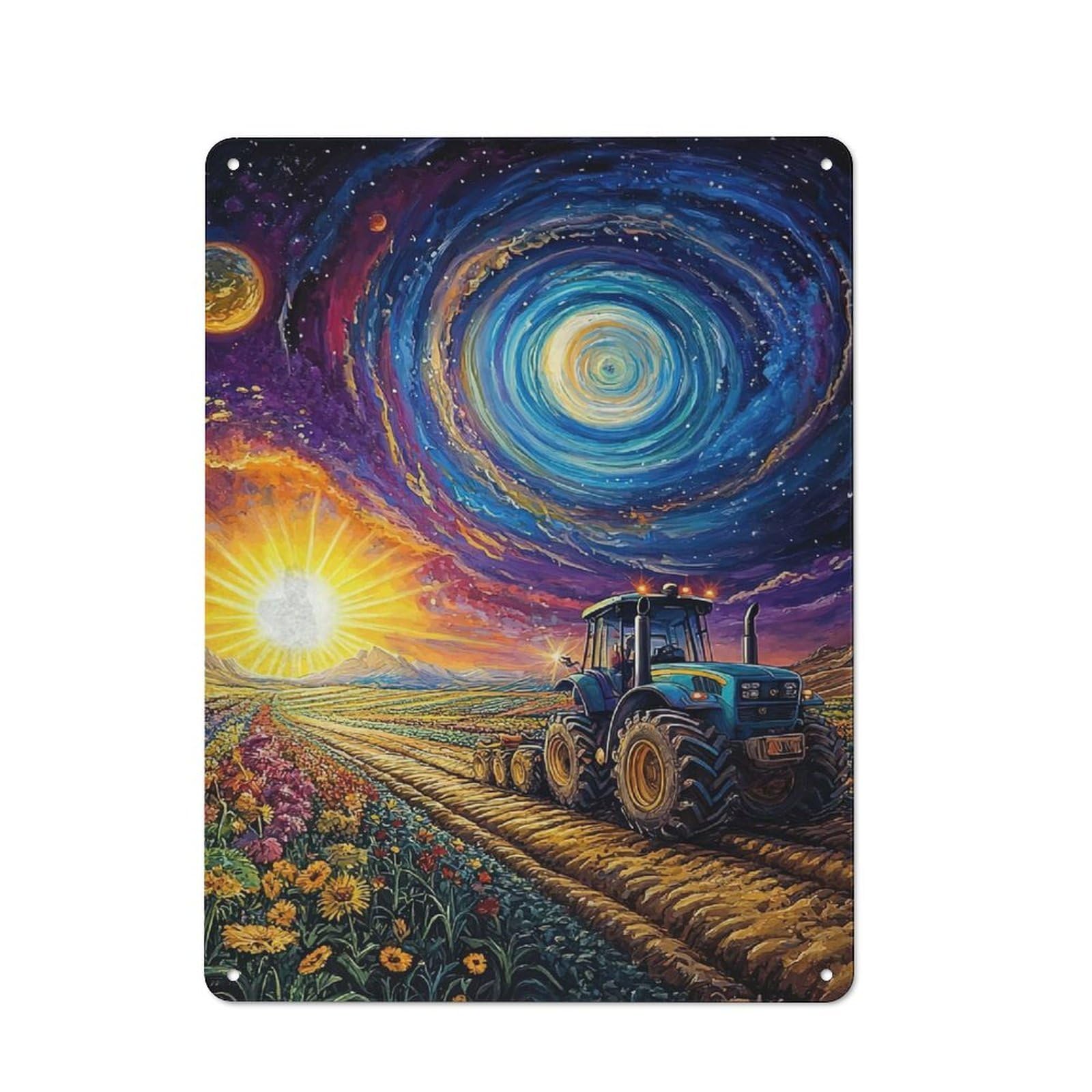Junmoney Style Metal Plaque 40X30cm With Tractor Under Cosmic Sky For Hallway Wall, Rustic Decor, A Metal Wall Feature For Hallways And Entrance Areas