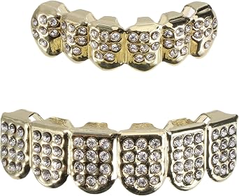 Heallily Rhinestone Teeth Grills Set Gold Plated Upper and Lower Brace Shiny Decoration Accessories for Costume Party Halloween Music Concert