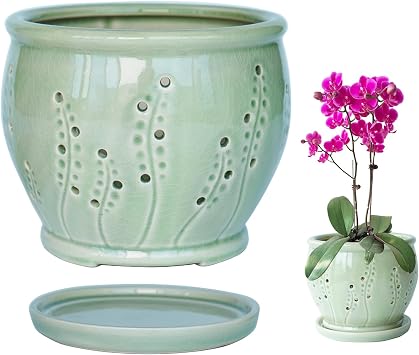 Ceramic Orchid Pot 6.3 Inch, Orchid Pots with Holes, Large Plant Pot for Repotting, Ventilation Holes Breathable for Roots, Durable Ice-Cracked Glaze Ceramic Planter Pot Grass Green