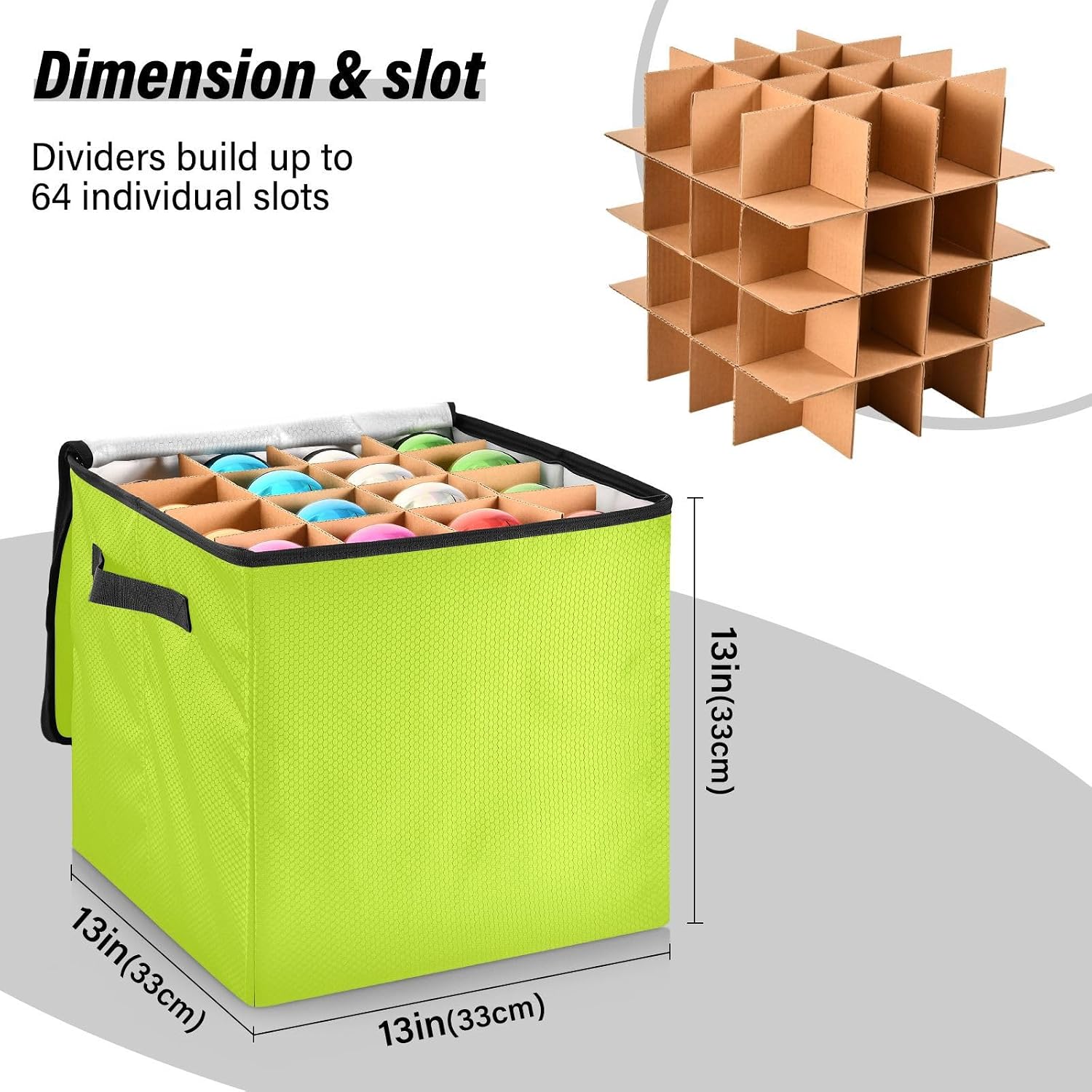 Yellowish Green Solid Color 13 Inch Christmas Ornament Storage Box with Lid - Holiday Decor Storage Containers, Stores 64 Ornaments, 3 Inch Cube Compartments