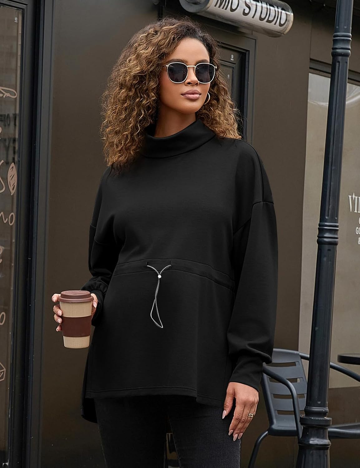 Bhome Maternity Turtleneck Sweatshirt Long Sleeve Oversized Pullover Tops Side Slit Tunic Shirts with Drawstring Waist