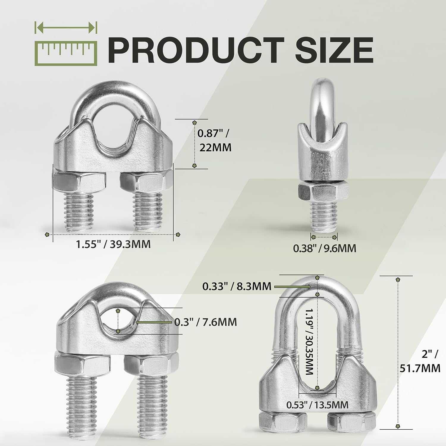 4pcs M12 Wire Rope Clamp, 7/16 inch Cable Clamps Stainless Steel Wire Rope Clips - Image 3