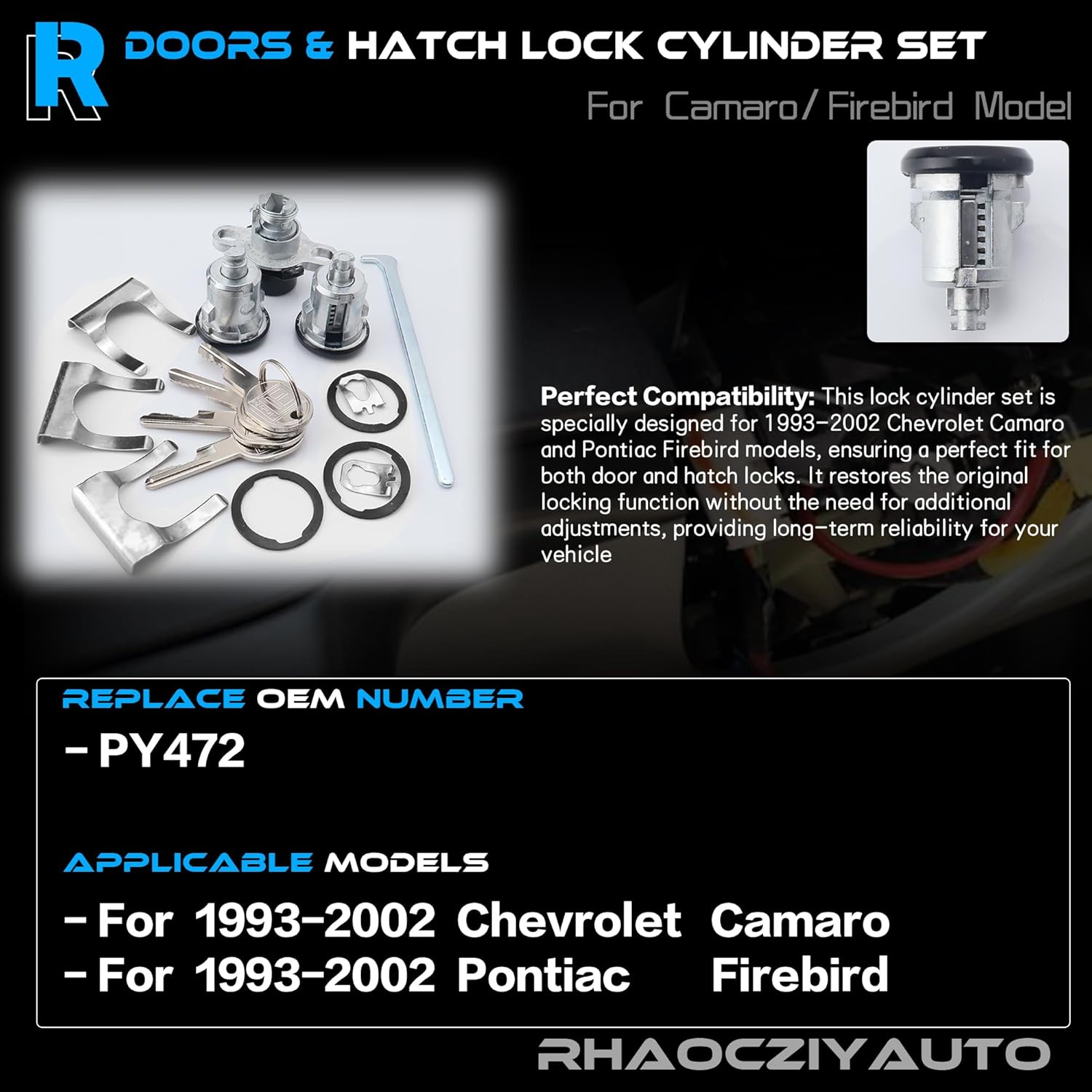 PY472 Doors & Hatch Lock Cylinder Set Black Face Caps Compatible with Chevrolet Camaro 1993-2002, for Pontiac Firebird 1993-2002 Ignition Switch Front Door Tailgate Lock Cylinder Replace PY472
