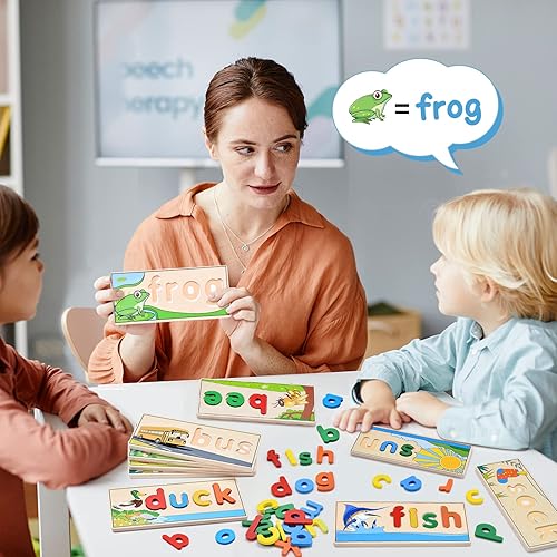 Miniatura 2 de Atoylink Juguetes de aprendizaje de hechizos de madera para niños de 2, 3, 4, 5 años, juego de ortografía con letras y caja, CVC Word Builder