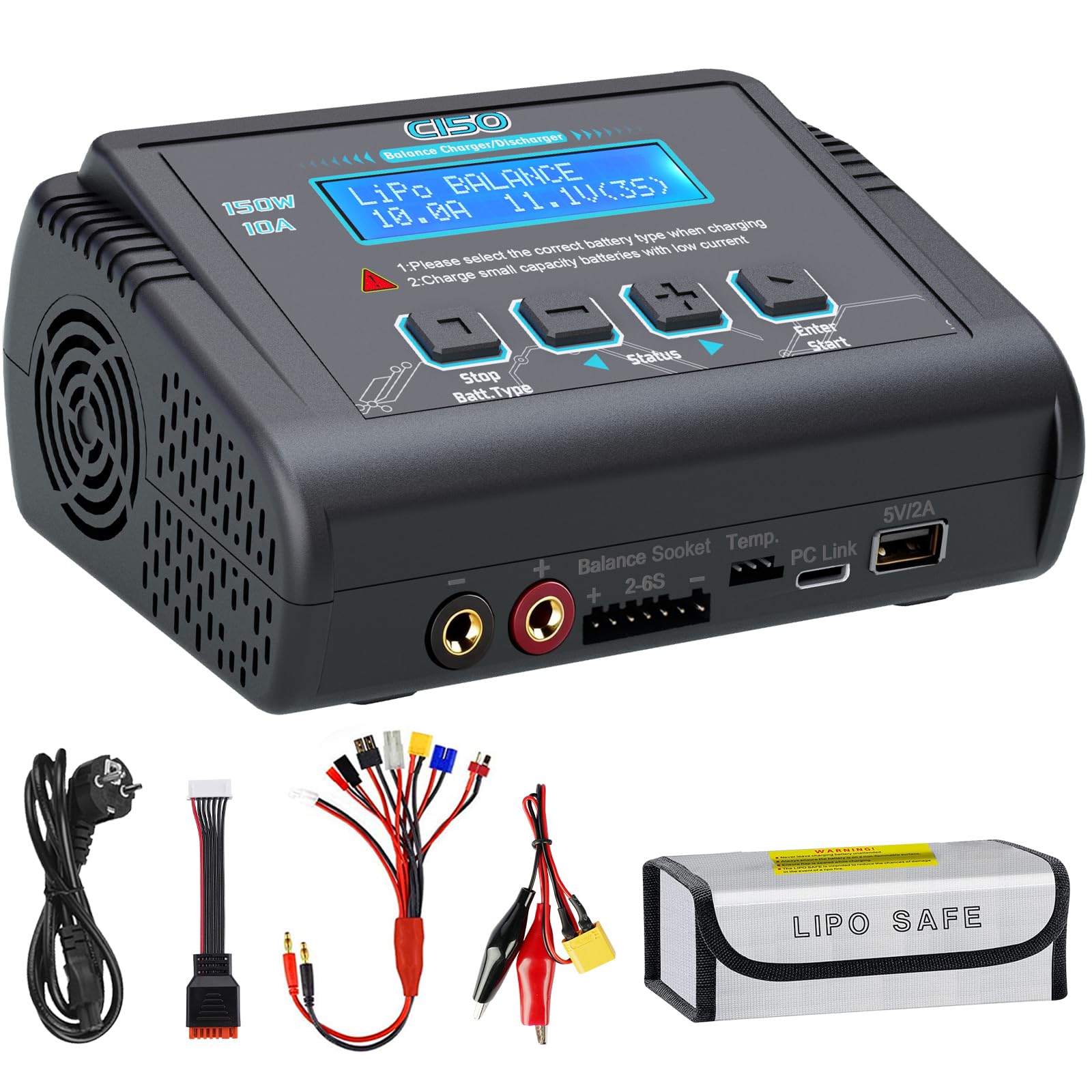 HTRC C150 Caricabatterie Lipo 150W 10A – Caricabatterie RC e Bilanciatore Batterie per LiHV/LiPo/Li-Ion/LiFe (1-6S), NiMH/NiCd (1-15S), PB (2-20V) – AC/DC, Display LCD, 20 Memorie