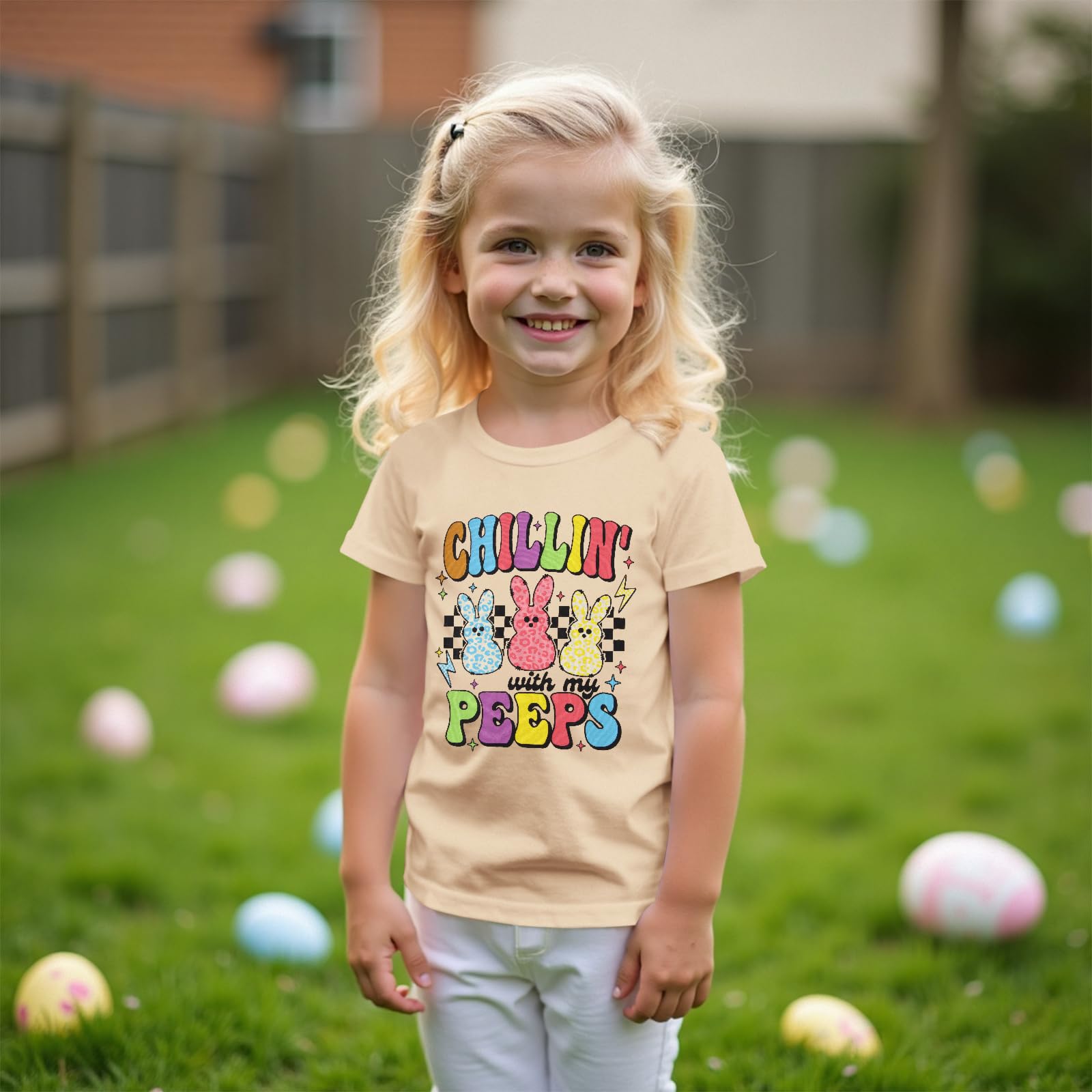 CM C&M WODRO Toddler Boy Girl Easter Shirt Chillin with My Peeps Bunny T-Shirt Short Sleeve Kid Funny Rabbit Graphic Tee Top (Beige, 4-5T)