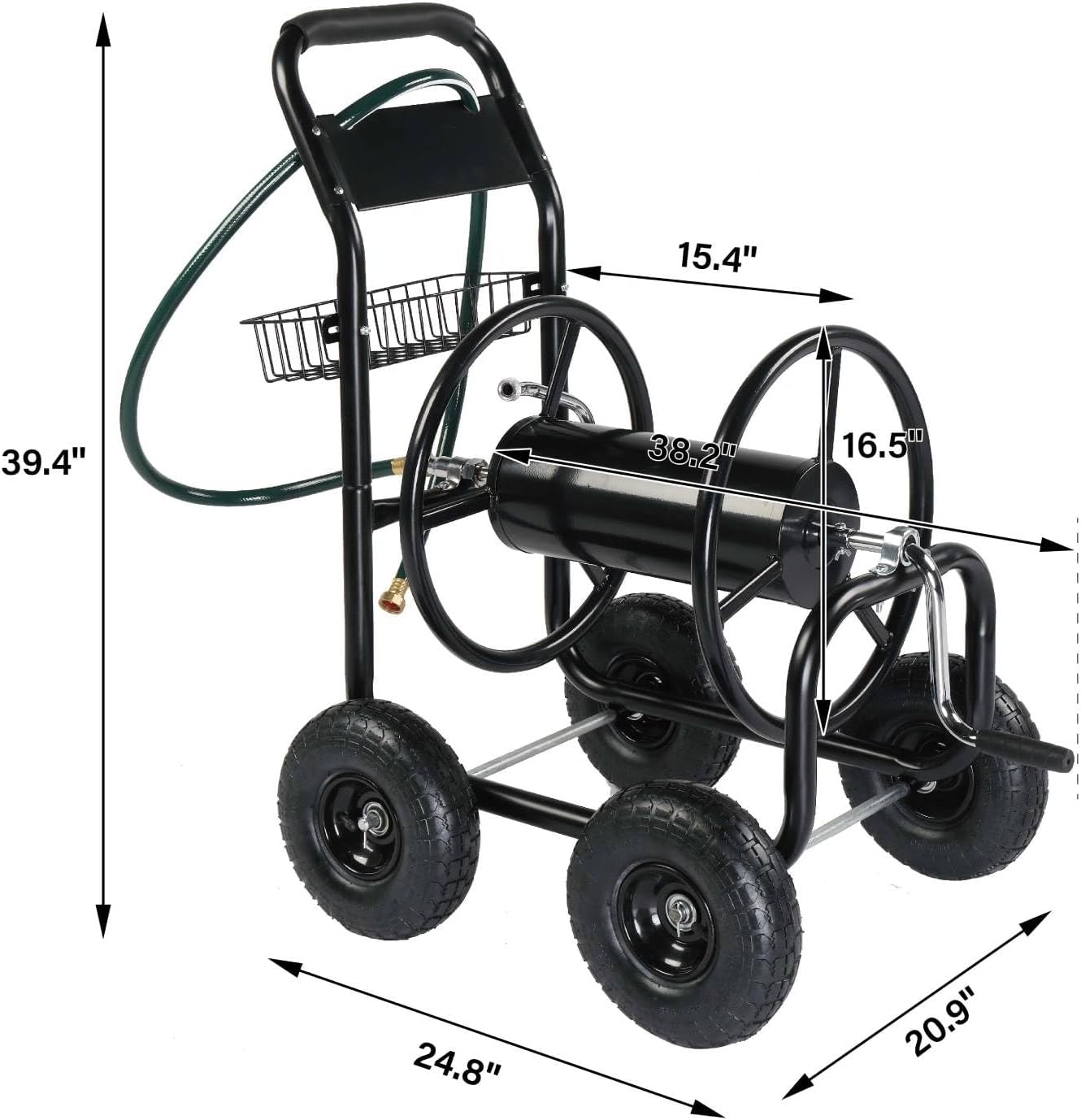 Garden Hose Reel Cart, Stable Sturdy Steel Frame Hose Carts, Easy to Use, Water Hoses Cart with Integrated Basket, Garden Hoses Storage Carts for Garden, Garage, Construction Sites (Black)