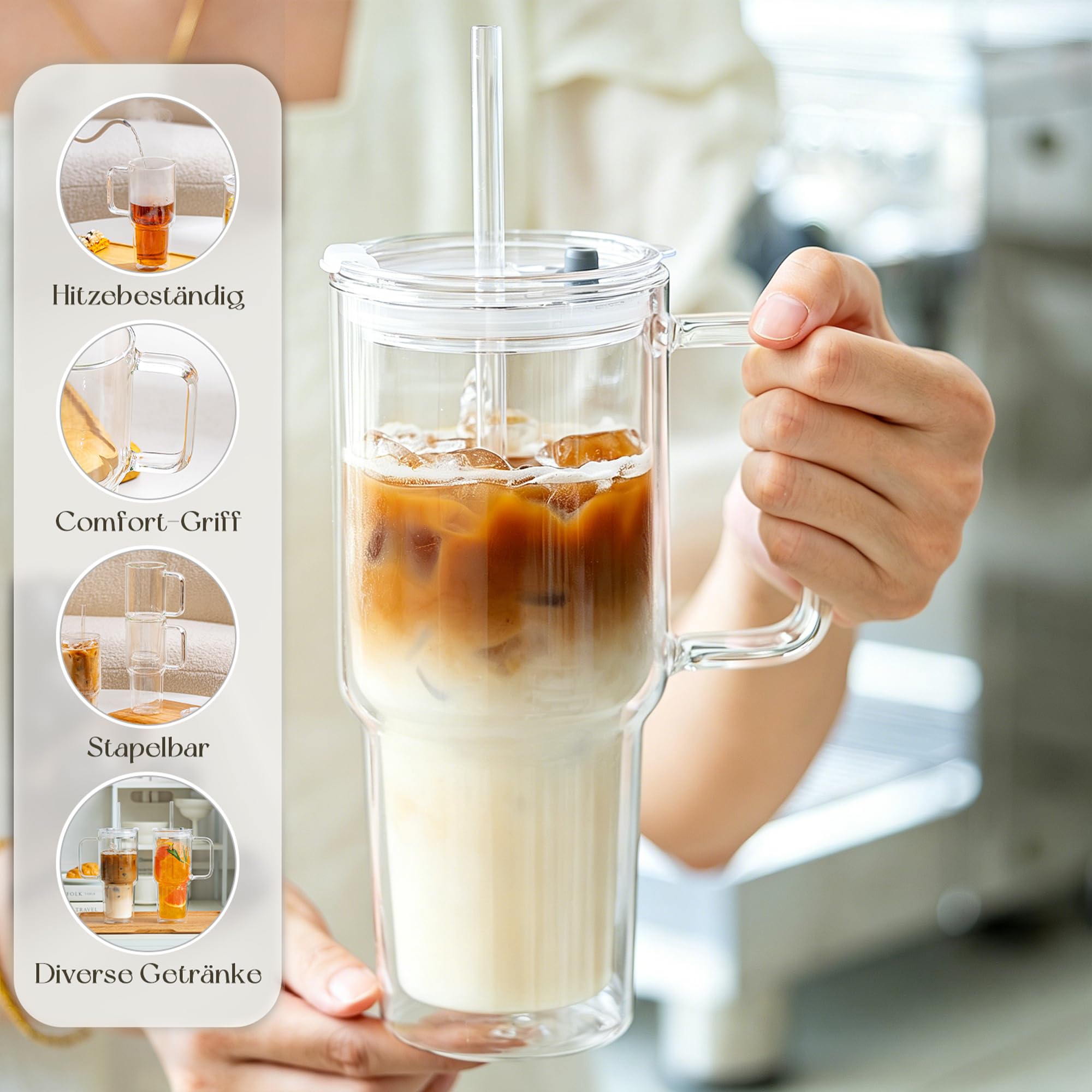 KEMORELA 2er Set Kaffeegläser mit Griff, Deckel & Glasstrohhalm, 830 ml Doppelwandige Latte Macchiato Gläser, Eiskaffee Glas, Matcha Glas, Teegläser für heiße & kalte Getränke