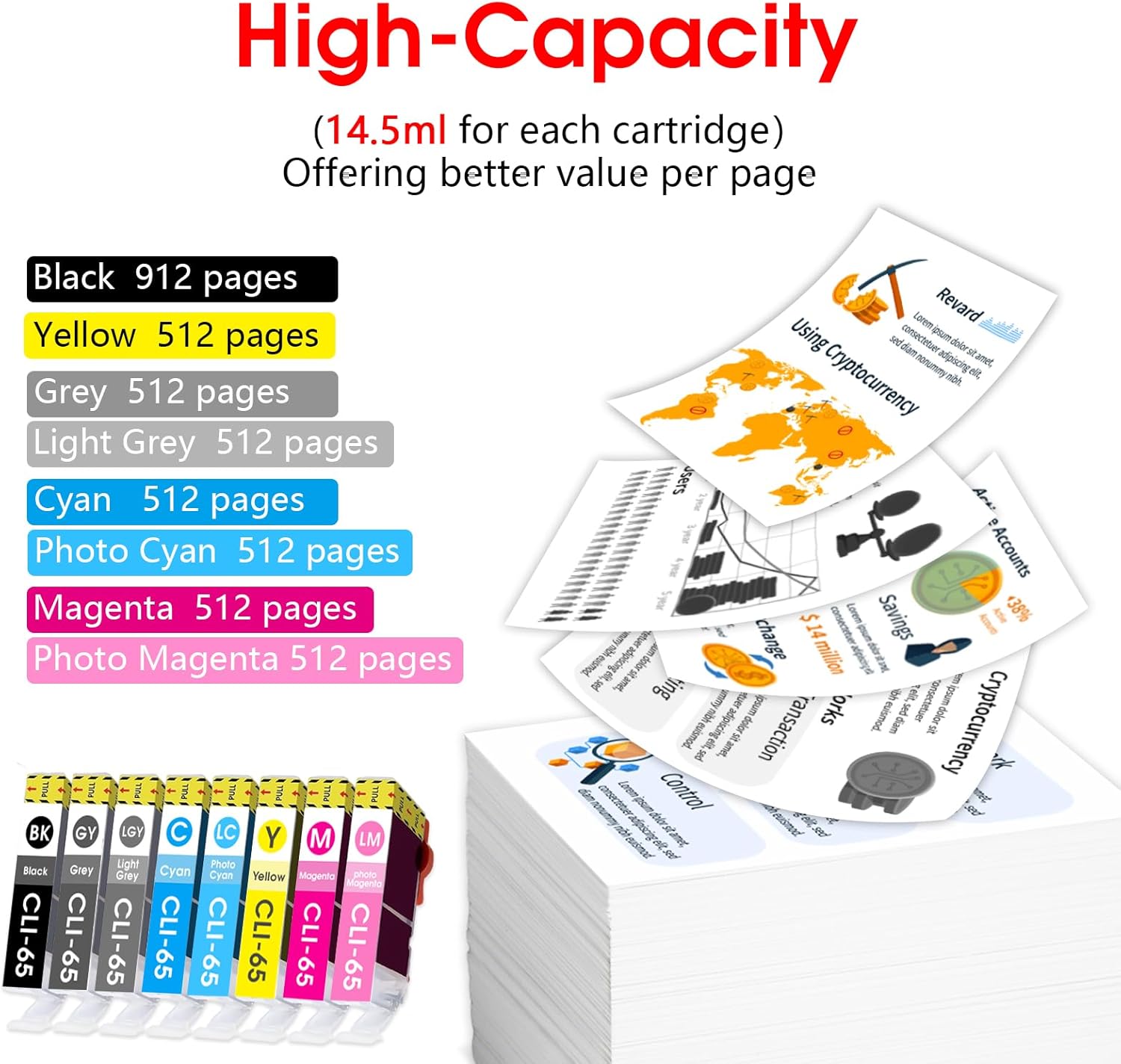 JANMORE CLI-65 Ink Cartridge Replacement for Canon CLI 65 Ink Works for Canon Pixma PRO-200,PRO-200S Printers (8 Packs)