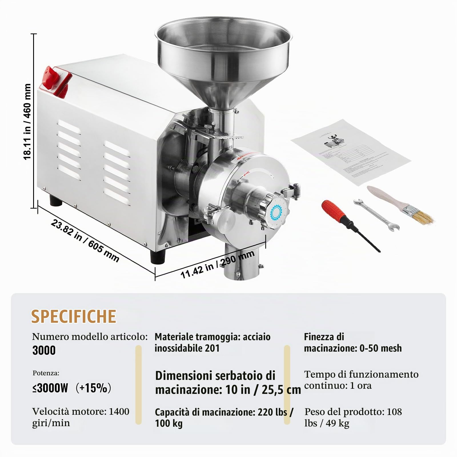 VEVOR Macinatore per Soia e Spezie 3000W Macinatore per Mais 100 KG/H Macinatore per Mais in Acciaio Inossidabile Macchina per Macinazione Industriale per Farina per Pepe Soia Arachidi Grani di Mais
