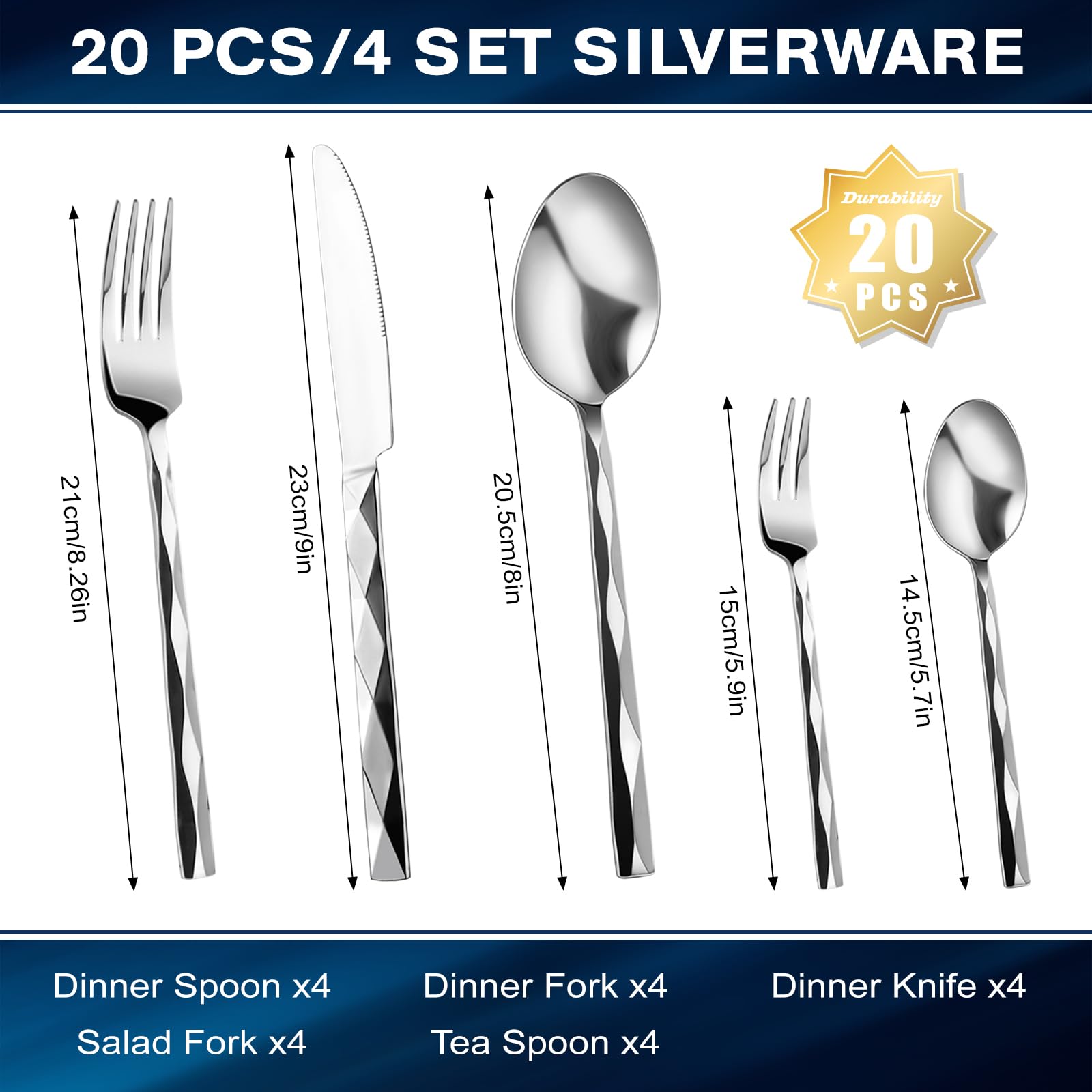 Silverware Set for 4, 20-Piece Stainless Steel with Intricate Diamond Cut Detail Perfect for Everyday Dining, Weddings and Celebrations, Mirror-Polished Shine, Dishwasher Safe