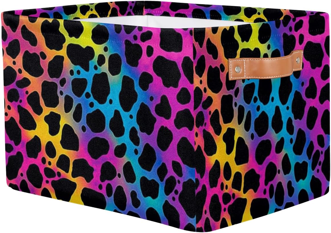 Animal Leopard Print Skin Storage Basket Collapsible Cloth Storage Cube Basket Bins Organizer with Handles Rectangular Large Toys Shelf Closet for Nursery Bedroom Home Office