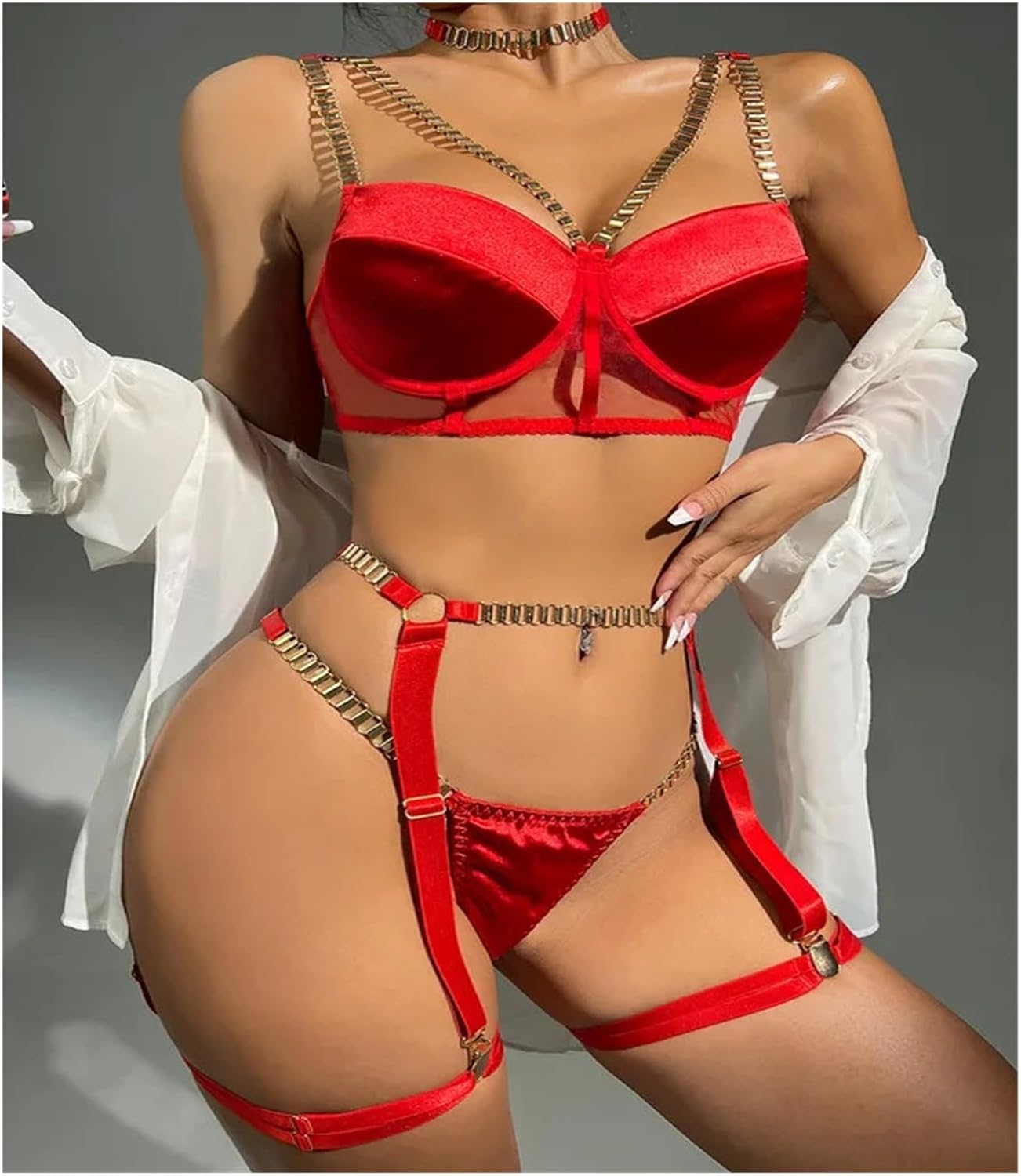 Lingerie with Chain Strap Sexy Underwear Women Body 6-Piece Sensual Sets Fine Intimate Garter Sexy Outfit 2023(B,F40-M)