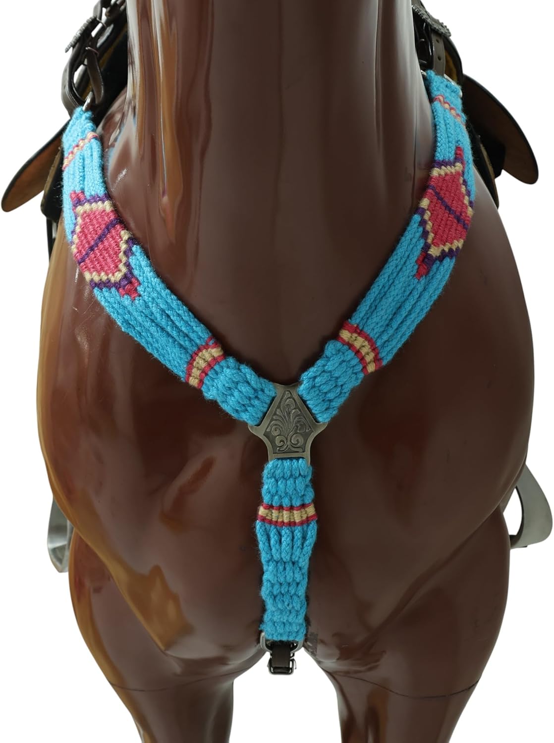 Sky Blue, Light Red & Purple Mohair Western Headstall Tack Set with 32” Front Girth – Complete 5-Piece Set on Argentina Leather – Antique Copper Hardware – Handcrafted