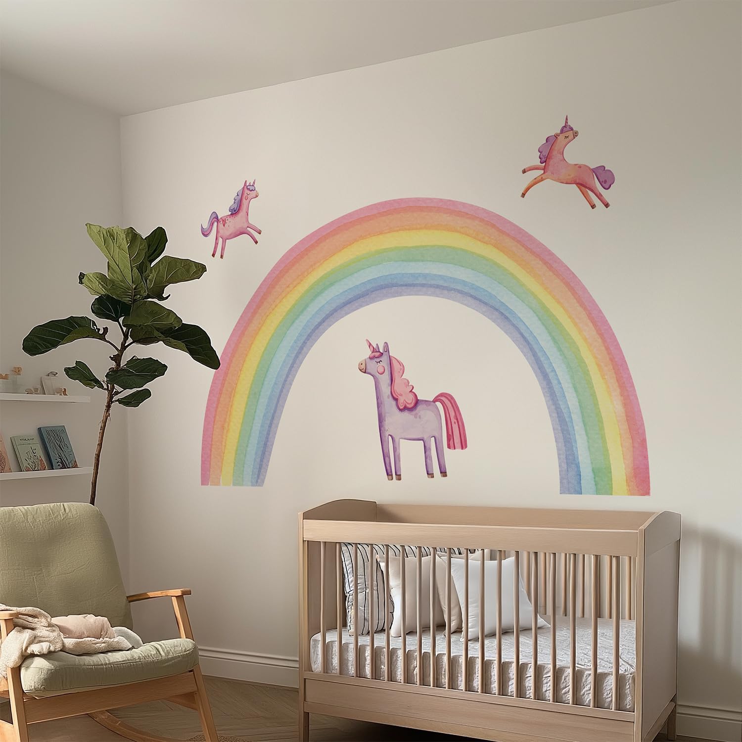 Magical Unicorn Rainbow Wall Decals, Large Pastel Watercolor Design with Hearts and Stars, Personalized Kids Room Nursery Decor Set, 4-Piece Removable Stickers (Large)