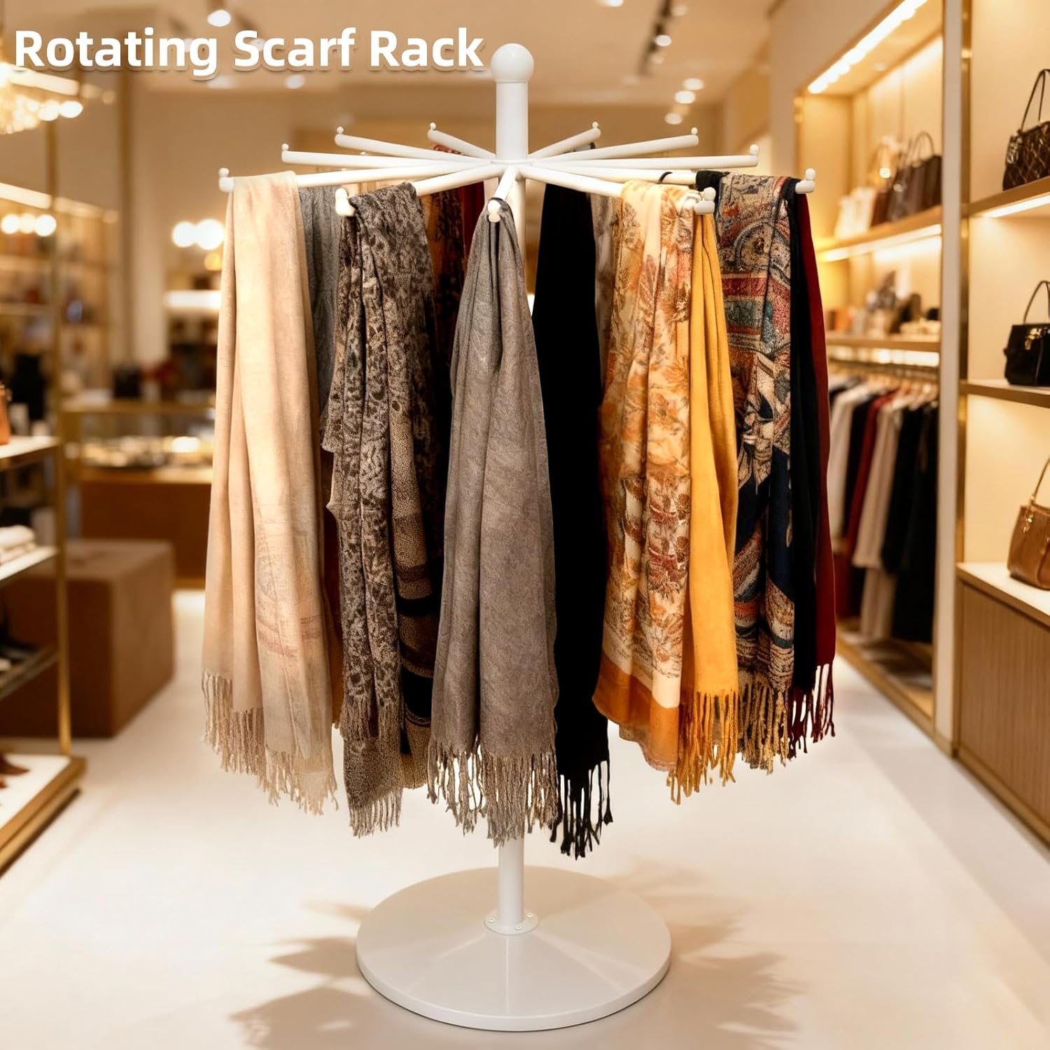 23 Inch Rotating Scarf Display Rack, Metal Purse Rack with 12 Hooks & Wheels, 100 lbs Capacity - Freestanding Premium Retail Handbag Rack for Home & Commercial Use, White