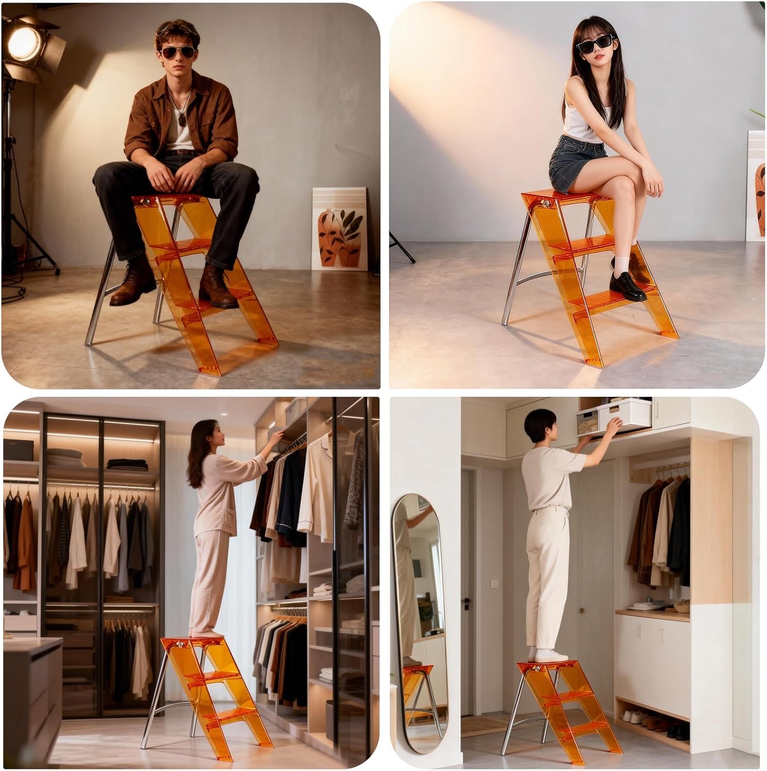 Transparent Acrylic Folding Step Stool with Triangular Support Wide Non-Slip Steps and Non-Slip Pads Portable Three-Step Ladder with Chrome-Plated Frame L44xW52xH63cm