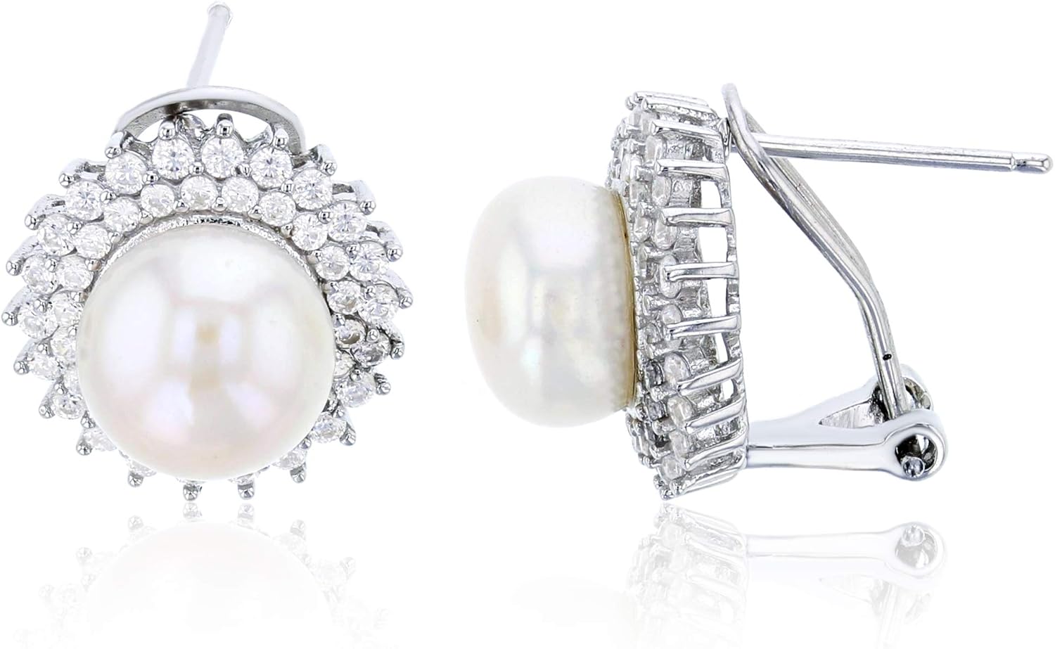 Sterling Silver Rhodium 9mm Freshwater Pearl & Cubic Zirconia Sun Omega Back Huggie Earring
