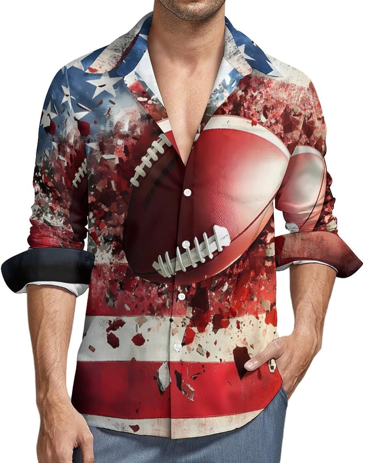 Football Print U.S Flag Long Sleeve Shirts Casual Dress Shirt Button-down T-shirts for Men