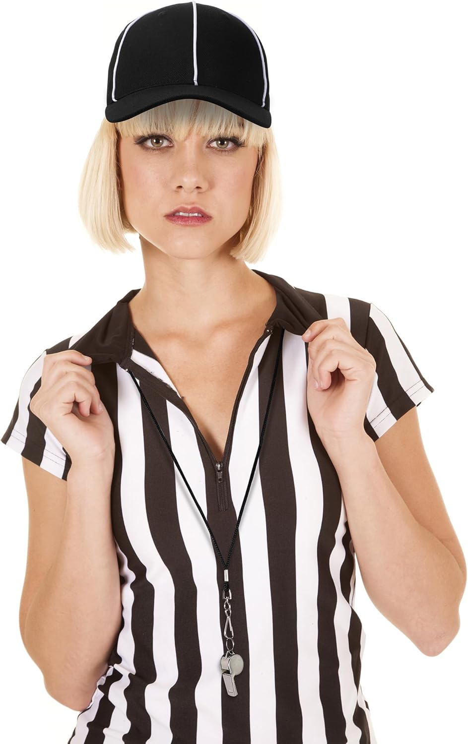 Geyoga 4 Pcs Men's Official Referee Costume Set Black and White Stripe Referee Shirt Hat Whistle Lanyard for Carnival(XL) - Image 2