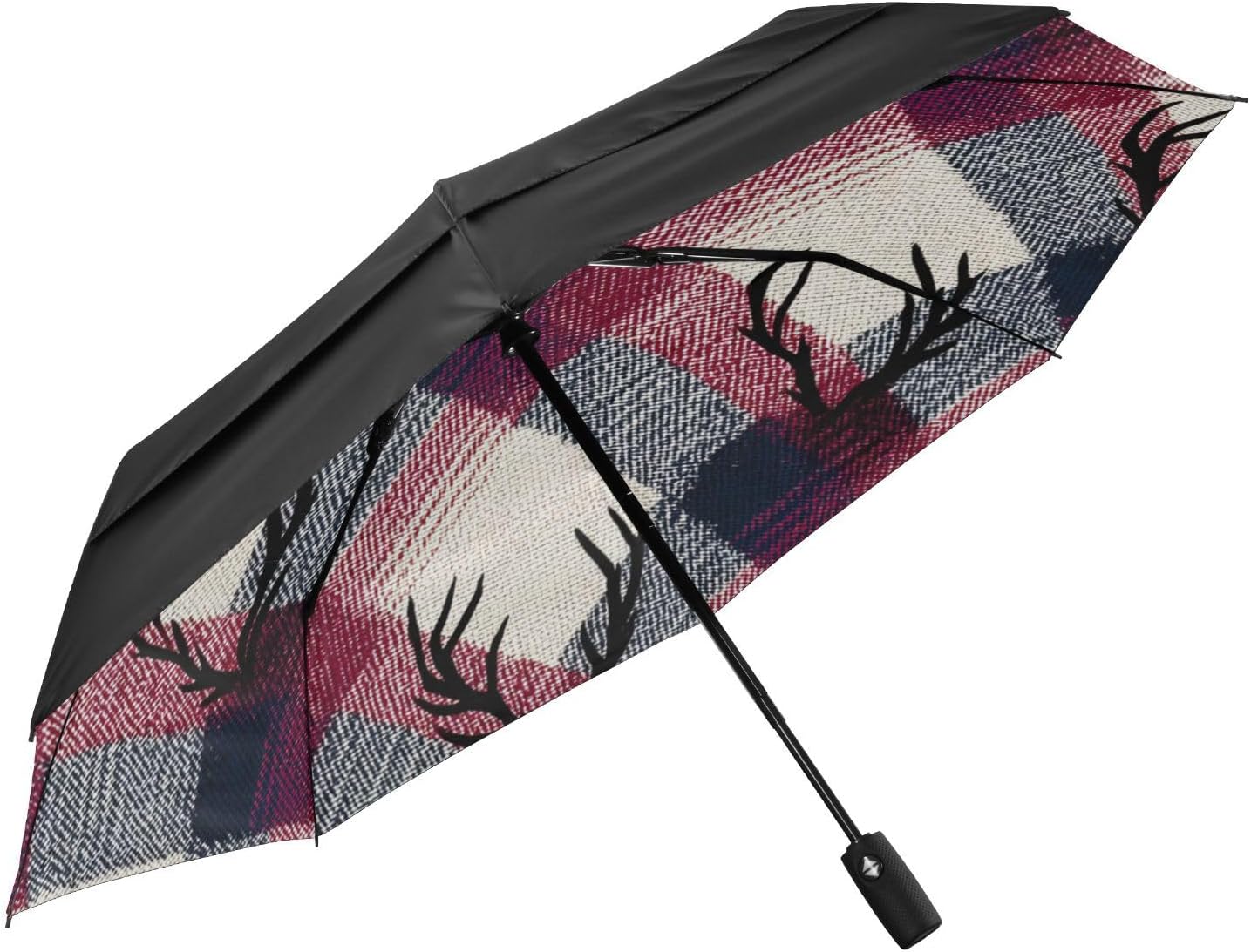 Checkered Plaid Antler Maroon and Off White Windproof Umbrella Automatic Compact Umbrellas for Rain Fits Backpack Purse