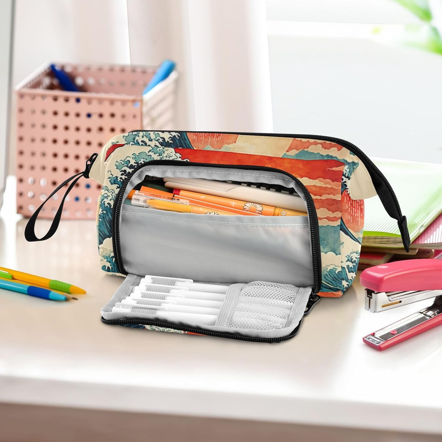 Pencil Case Japanese Wave Sunset Pattern, Large Capacity Stationery Organizer Pencil Pouch Bag for Office Travel 1 Pack 9.4x3.7x5.9 in