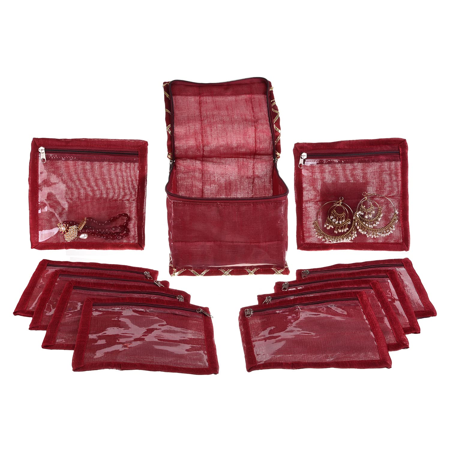 Kuber Industries Organizer na biżuterię, Laminowany PVC Gota Check Design Organizer kosmetyczny dla kobiet, zestaw kosmetyków z 10 przezroczystymi woreczkami, bordowy