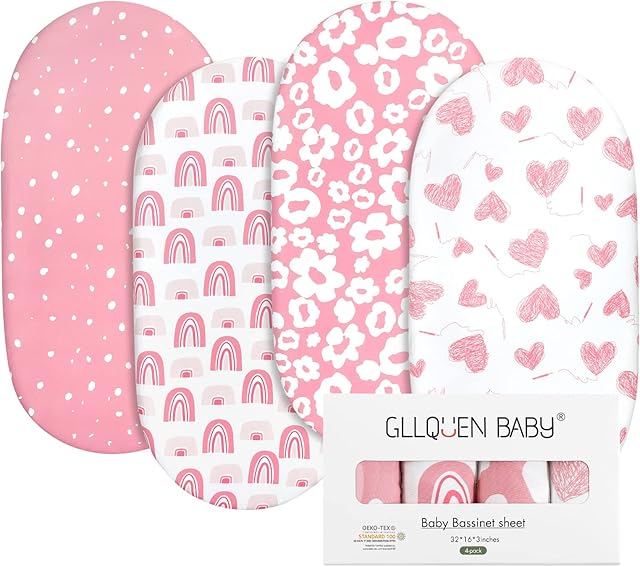 GLLQUEN BABY 4Pack Moses Basket Fitted Sheets, Newborn Pram Sheets Fitted, 100% Microfiber Oeko-tex100 Cozy and Breathable Crib Baby Bassinet Sheets for Boy and Girl, Easy Care Soft Fitted Sheet