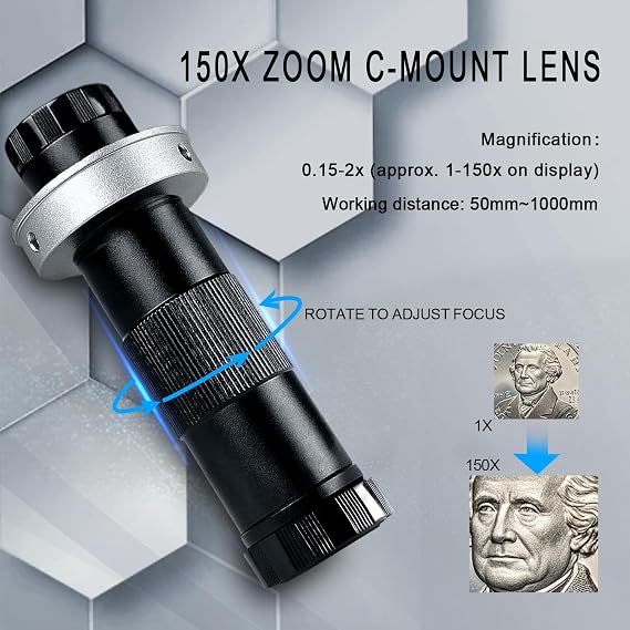 Digital Microscope with Metal Base, 48MP 1080P HDMI/USB Industrial Magnifier, 150X Ultra-Precise Focusing Lens, LED Ring Light, Microscopes for Observation/Soldering/Electronic Repairs