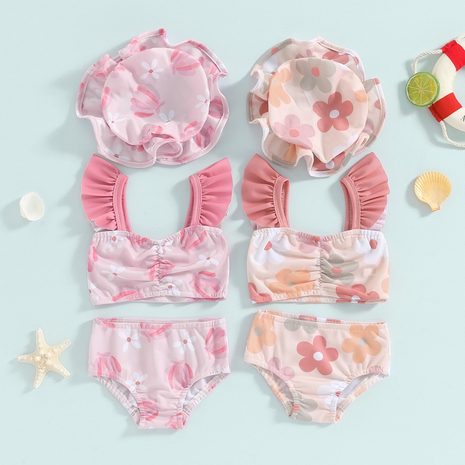 Filgriox Toddler Girl Swimsuit 3 Piece Tankini Set Shell/Flower Print Sleeveless Bathing Suit Beach Bikini Set with Hat (Colorful, 18-24 Months)