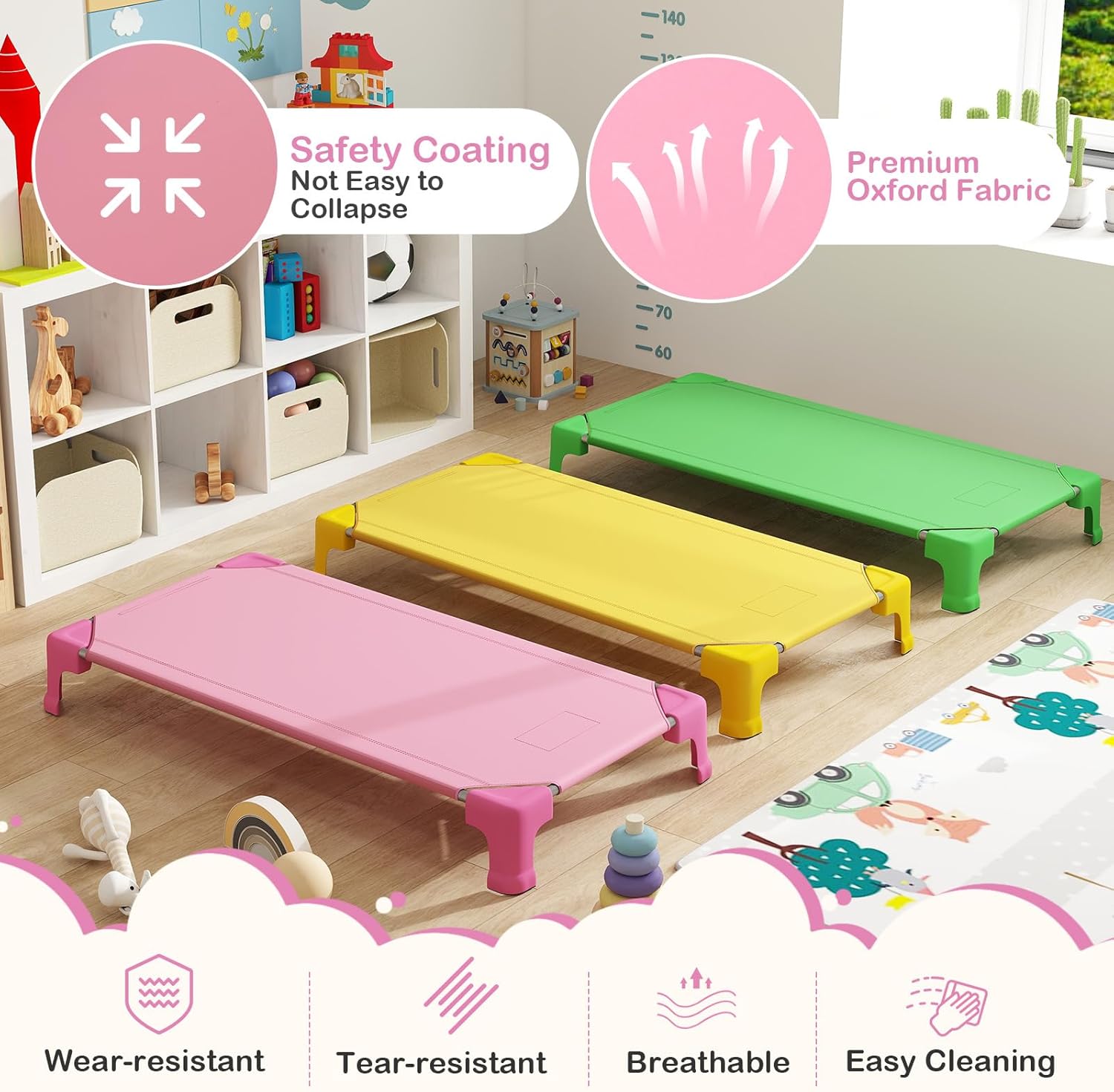 6 PCS Daycare Cots for Kids, Ready-to-Assemble, Stackable Portable Nap Cot with Sturdy Metal Frame & Easy Lift Corners, Space-Saving Preschool Cots for Toddler Child Pet, 53”L x 24”W