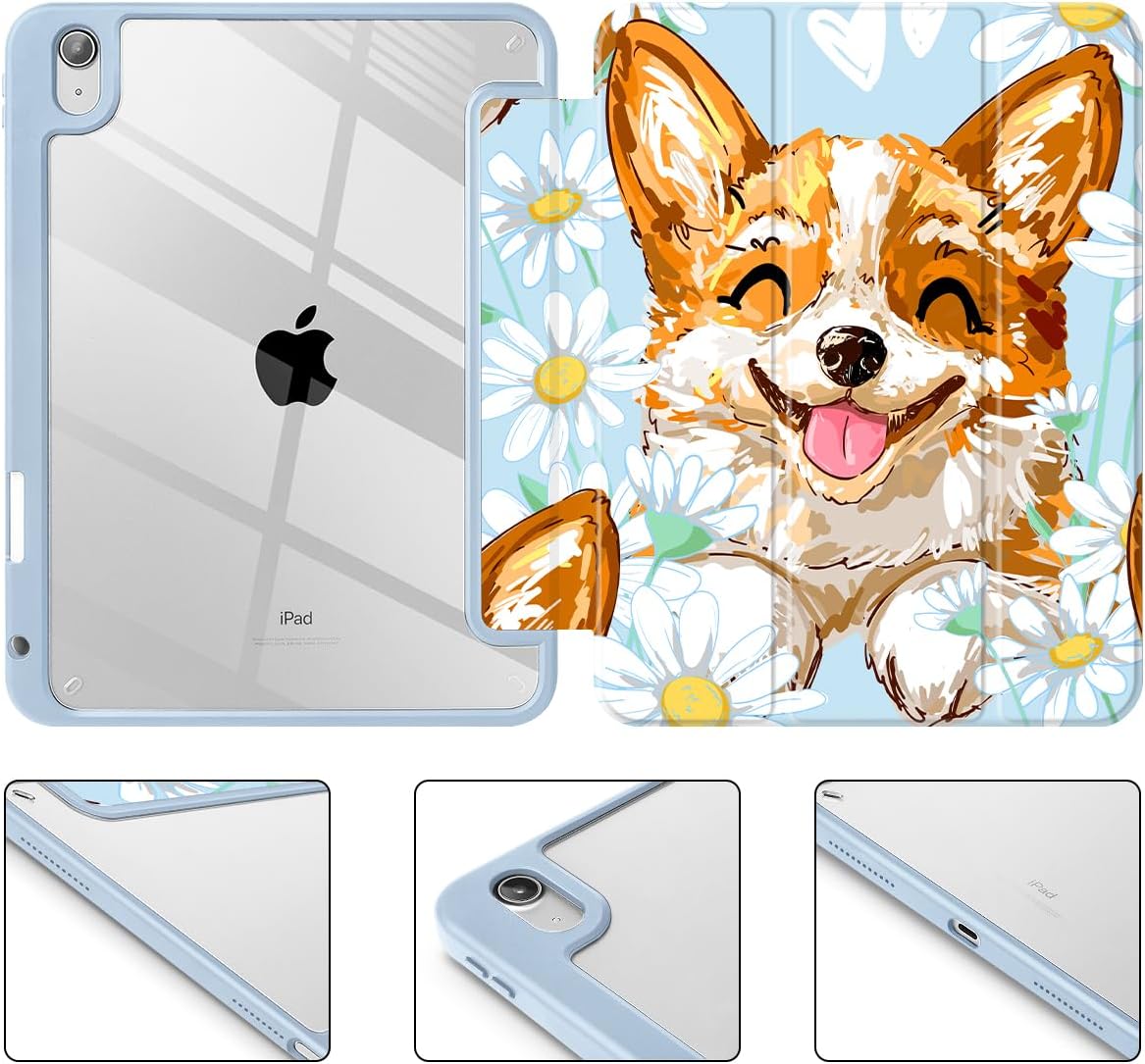 Case for iPad 11 inch A16 2025 Generation 11th / iPad 10.9 inch 2022 10th Gen, Buit in Pencil Holder with Shockproof Cover Clear Transparent Back Shell Auto Wake/Sleep, Cute Corgi Dog