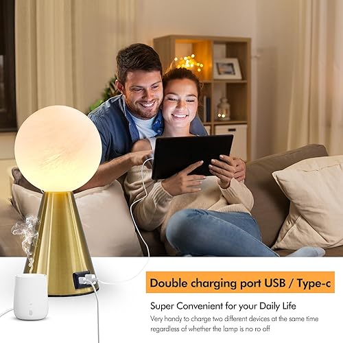 Miniatura 5 de Lámpara de mesa pequeña dorada para dormitorio con puertos USB A+C, modernas lámparas de noche para mesitas de noche, lámparas táctiles regulables
