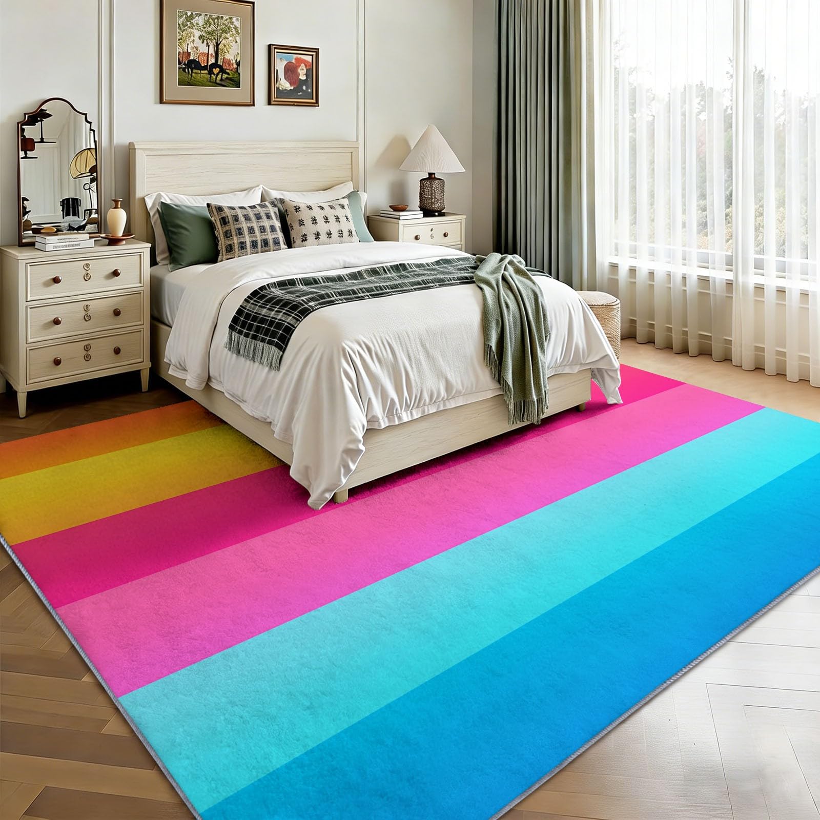 Dywan 120 x 180 cm Można prać w pralce w poziome geometryczne paski, antypoślizgowy, bezpieczny flanelowy dywanik do sypialni, salonu i łazienki - łatwy do czyszczenia, krótki włos, kolor