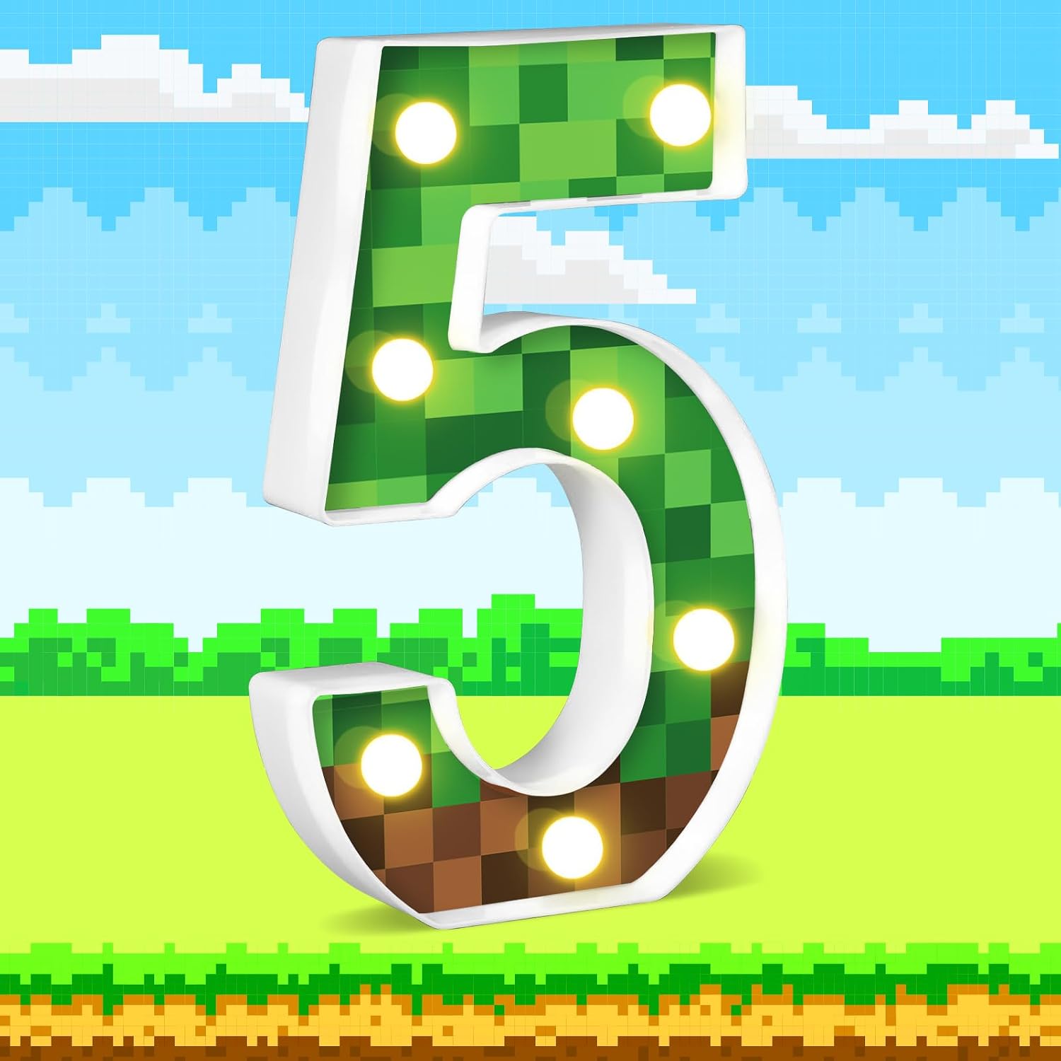 8.5" Pixel Game Light up Numbers Pixel Game Birthday Decorations Happy Birthday Light up Sign Pixel Pattern Game Theme Party Supplies Table Centerpieces (Number 5)