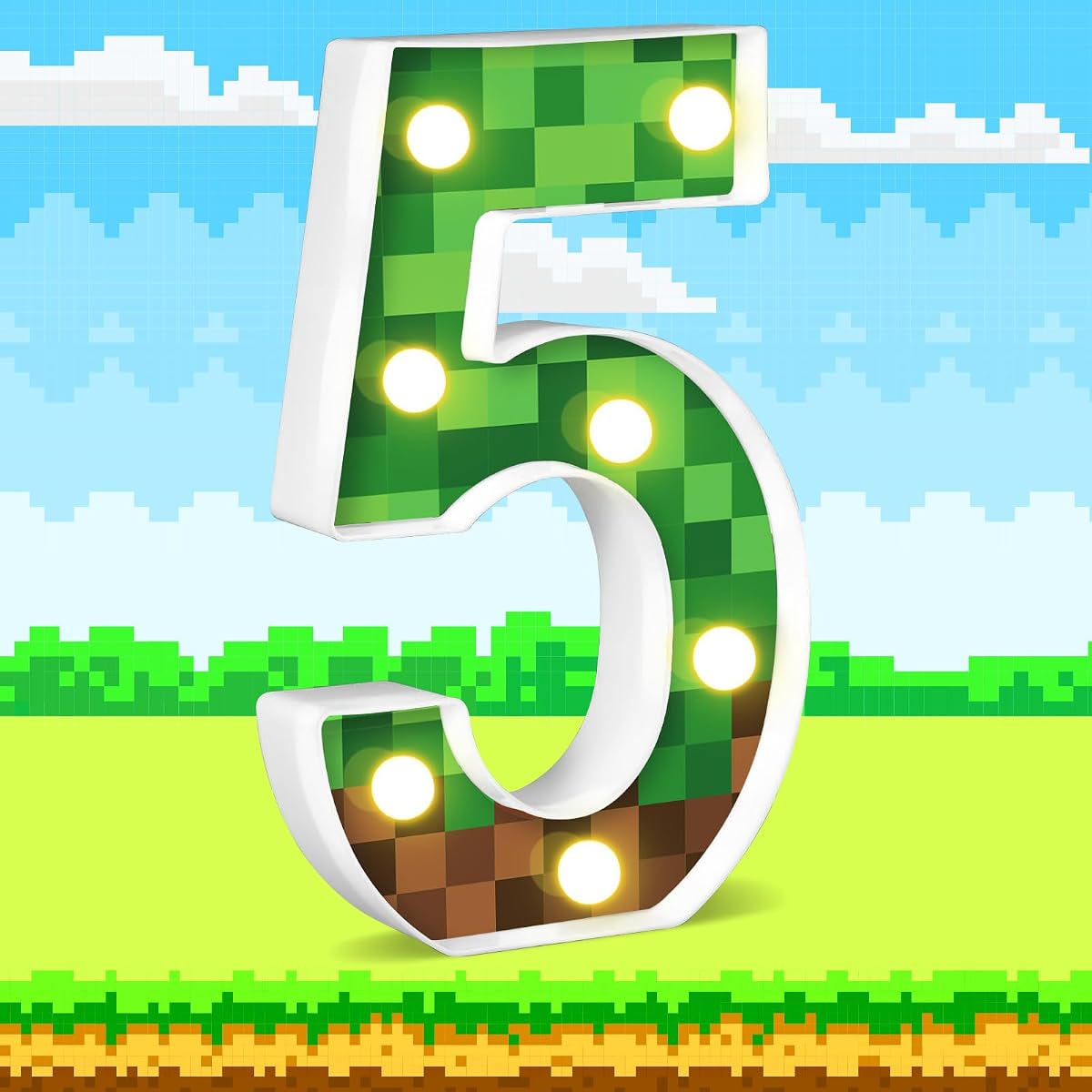 AXBMM 8.5in Pixel Game Light Up Sign, Number 5, Green/Brown, LED, PP Plastic,
