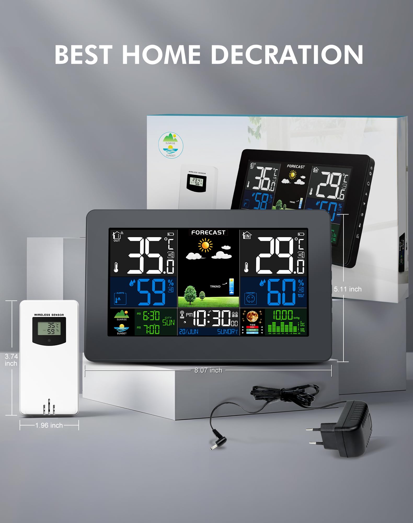 Stazione Meteo con Sensore Esterno, Barometro Digitale LCD Wireless DCF, Sveglia, Fase Lunare