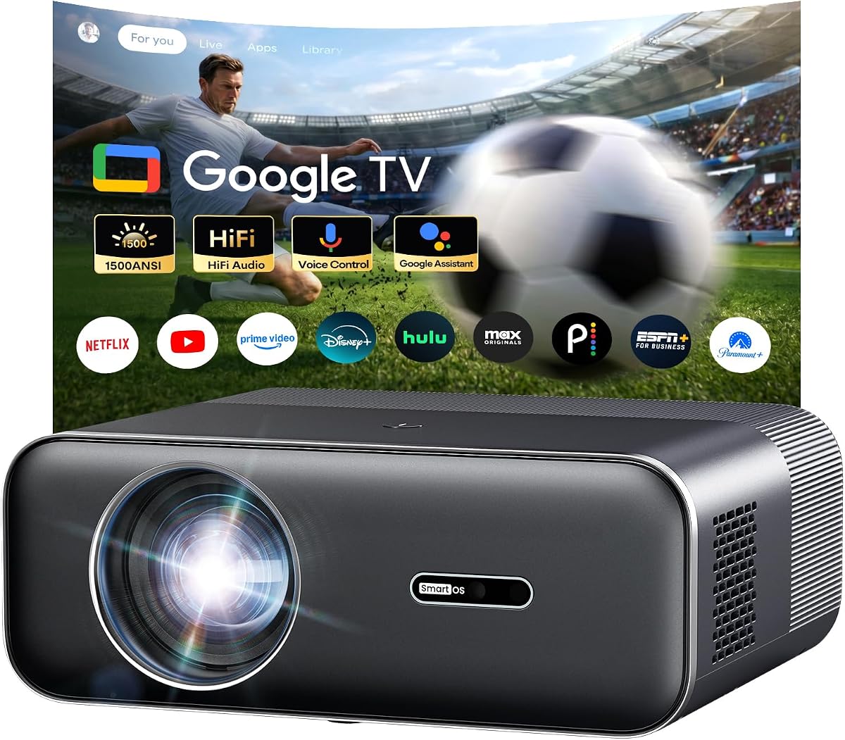 Google TV 4K Projector – Portable Smart Projector with WiFi and Bluetooth, Outdoor Movie Projecteur with Dual 10W Speaker, Autofocus & 6D Keystone, 1500 Lumens, HDR, Home Theater Proyector,Boldever H1