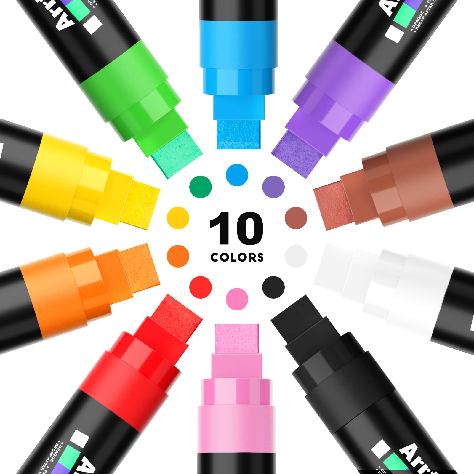 Arrtx Marqueurs Acryliques Jumbo - Pointe en Feutre Géant de 15 mm, 10 Stylos pour Peinture sur Roche, Pierre, Verre, Œuf de Pâques, Bois et Tissu